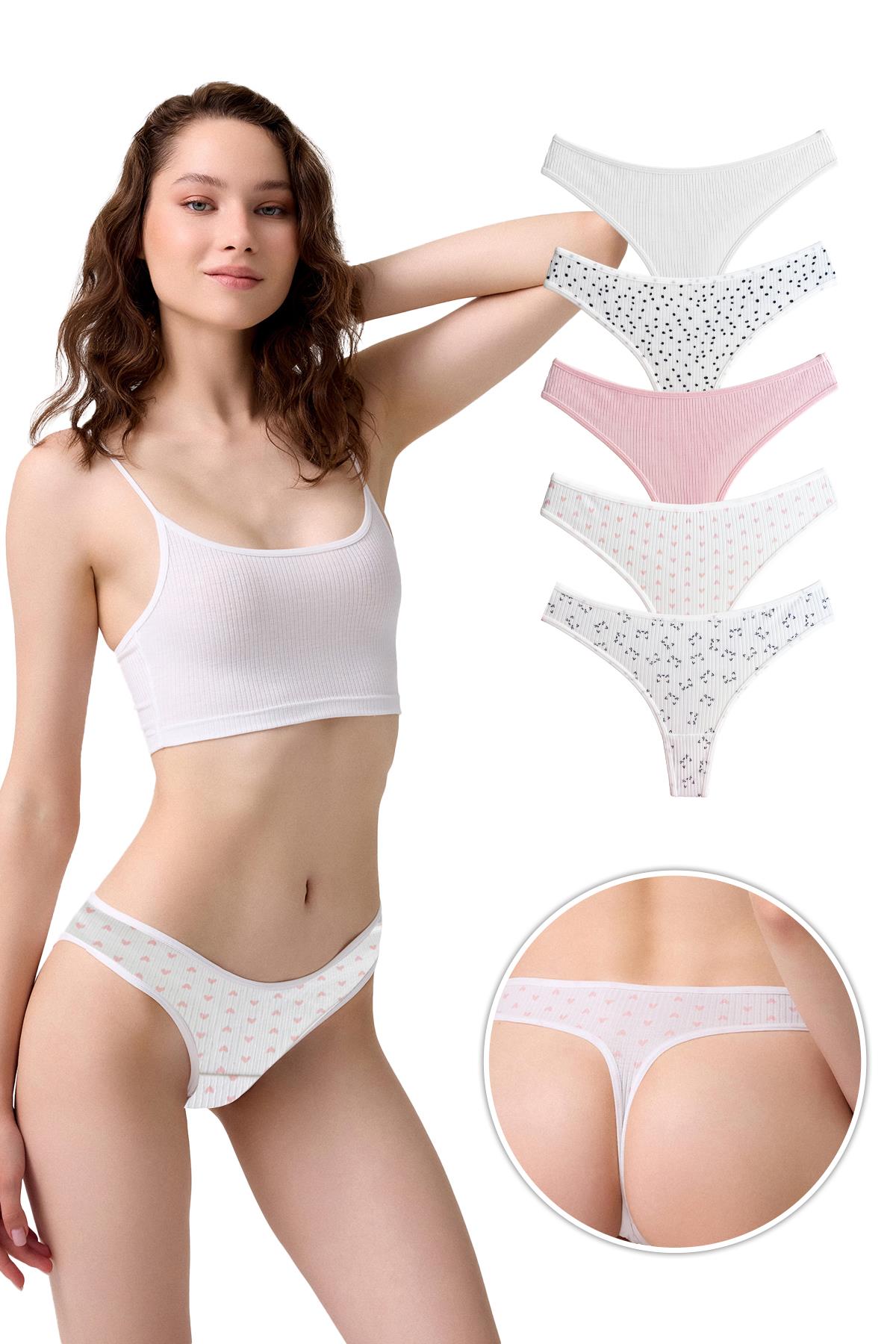 Pamuklu Desenli Kaşkorse Kadın Tanga Külot 5li Paket