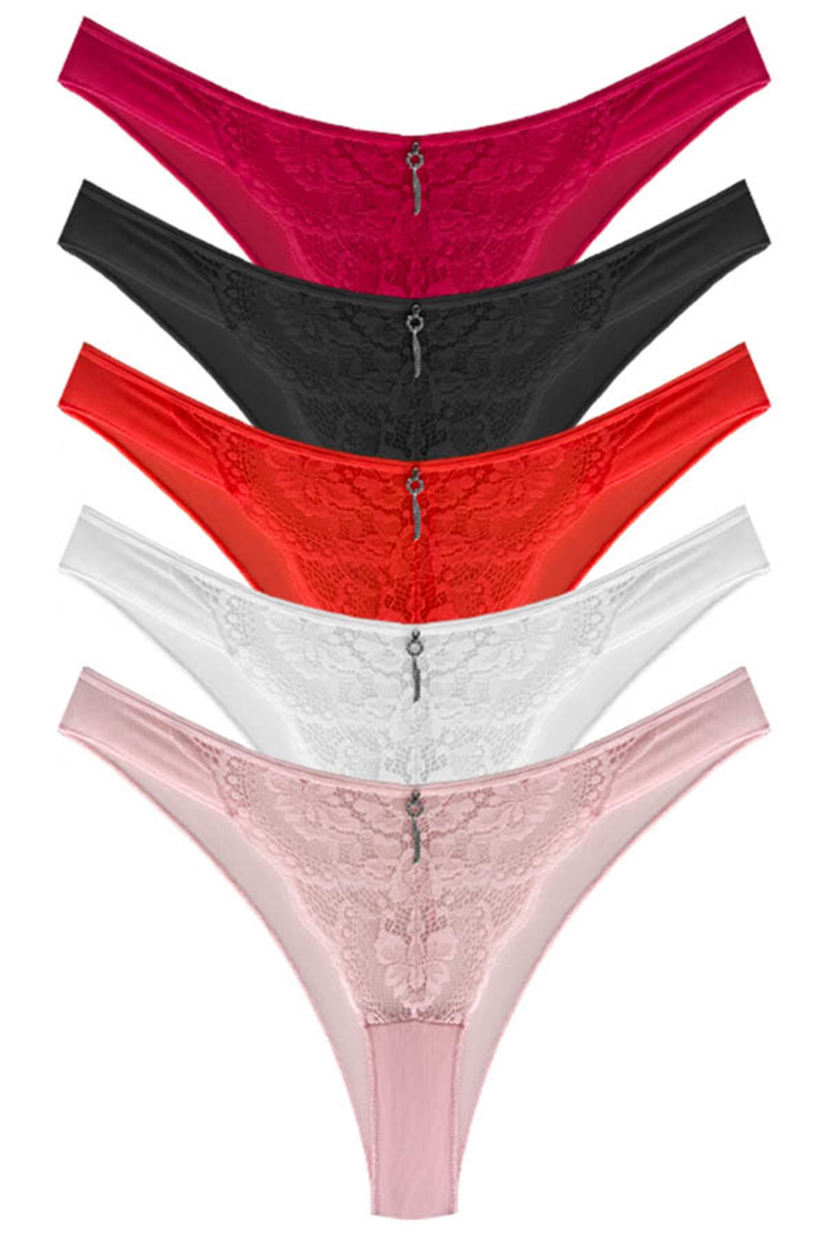 Önü Dantelli Arkası Tül Transparan Taş Detaylı Kadın Brezilya Külot 5li Paket