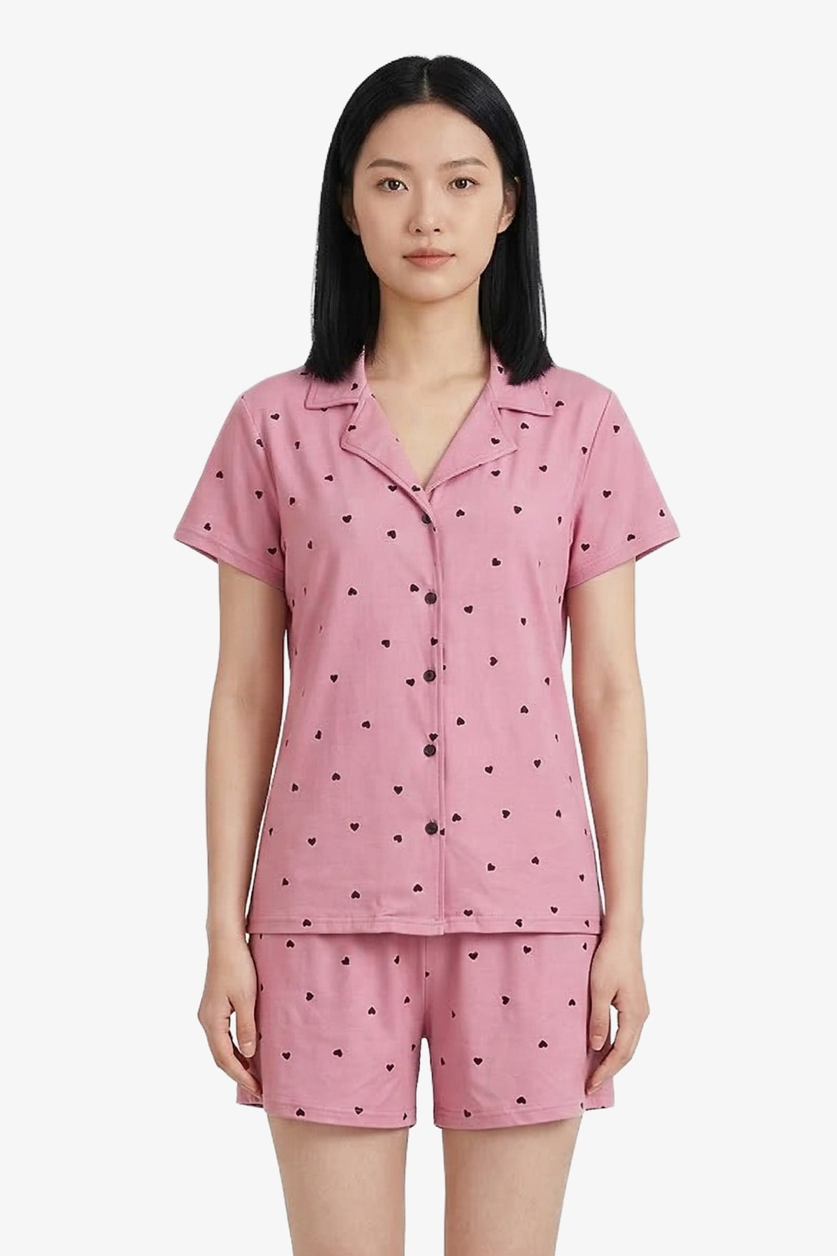 Pembe Kalp Desenli Yumuşak Dokulu Gömlek Yaka Kadın Şortlu Pijama Takımı