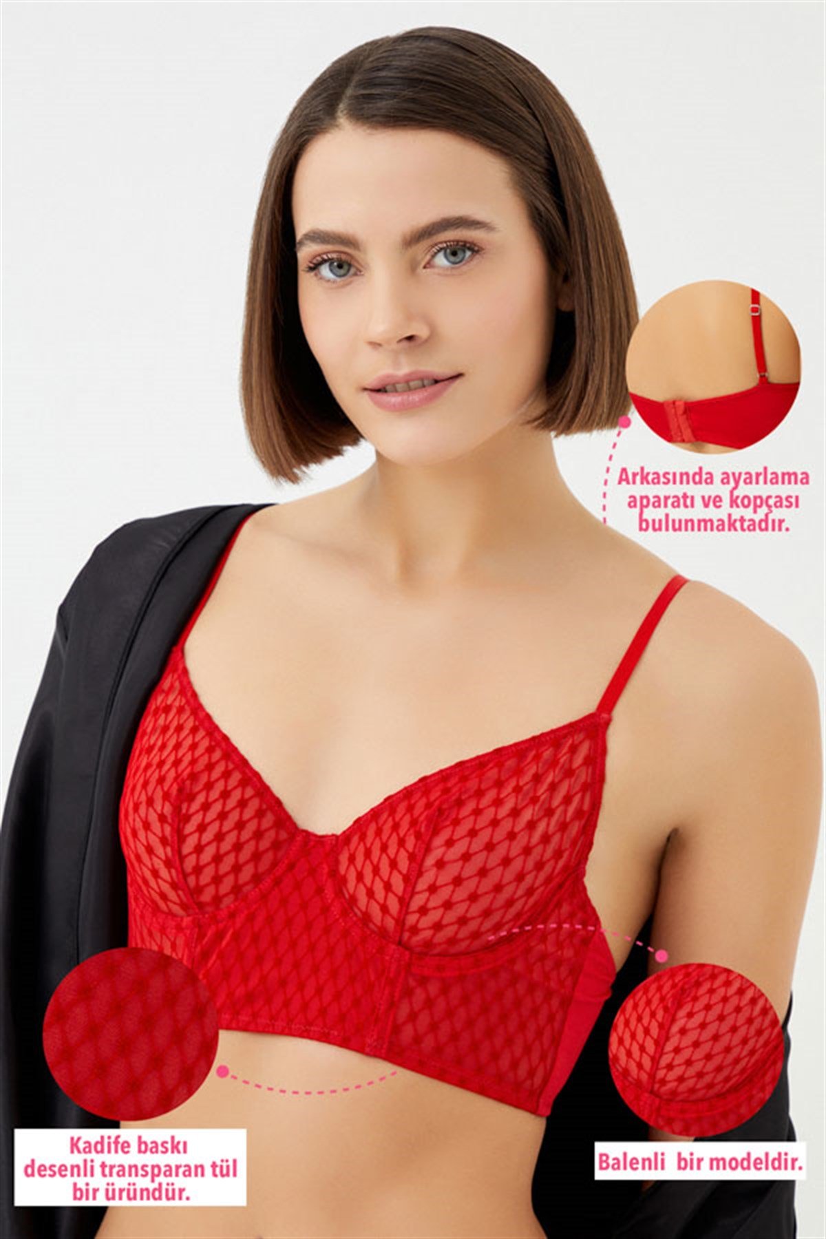 Kırmızı Puantiyeli Tüllü Ayarlanabilir Askılı Balenli Kadın Bralet Sütyen