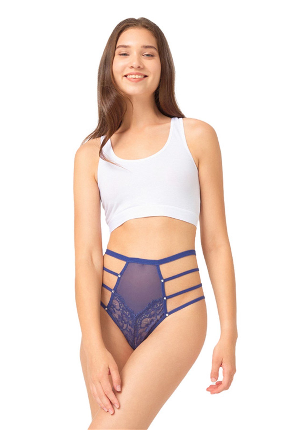 Koyu Kobalt Transparan Lastik Detaylı Fiyonklu Kadın String Külot