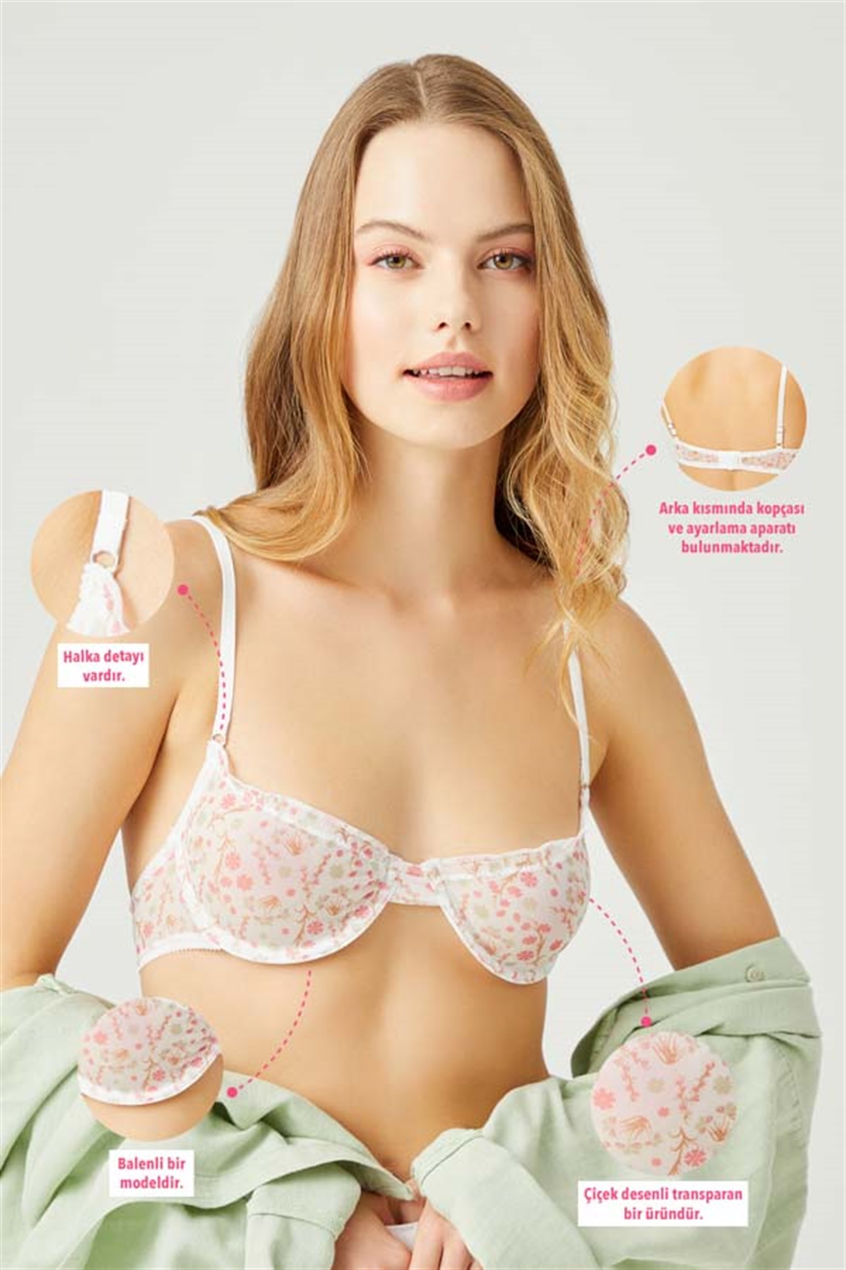 Krem Çiçek Desenli Ayarlanabilir Lastikli Kadın Bralet Sütyen