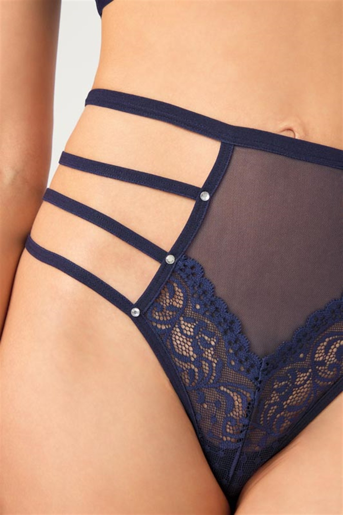 Lacivert Transparan Lastik Detaylı Fiyonklu Kadın String Külot