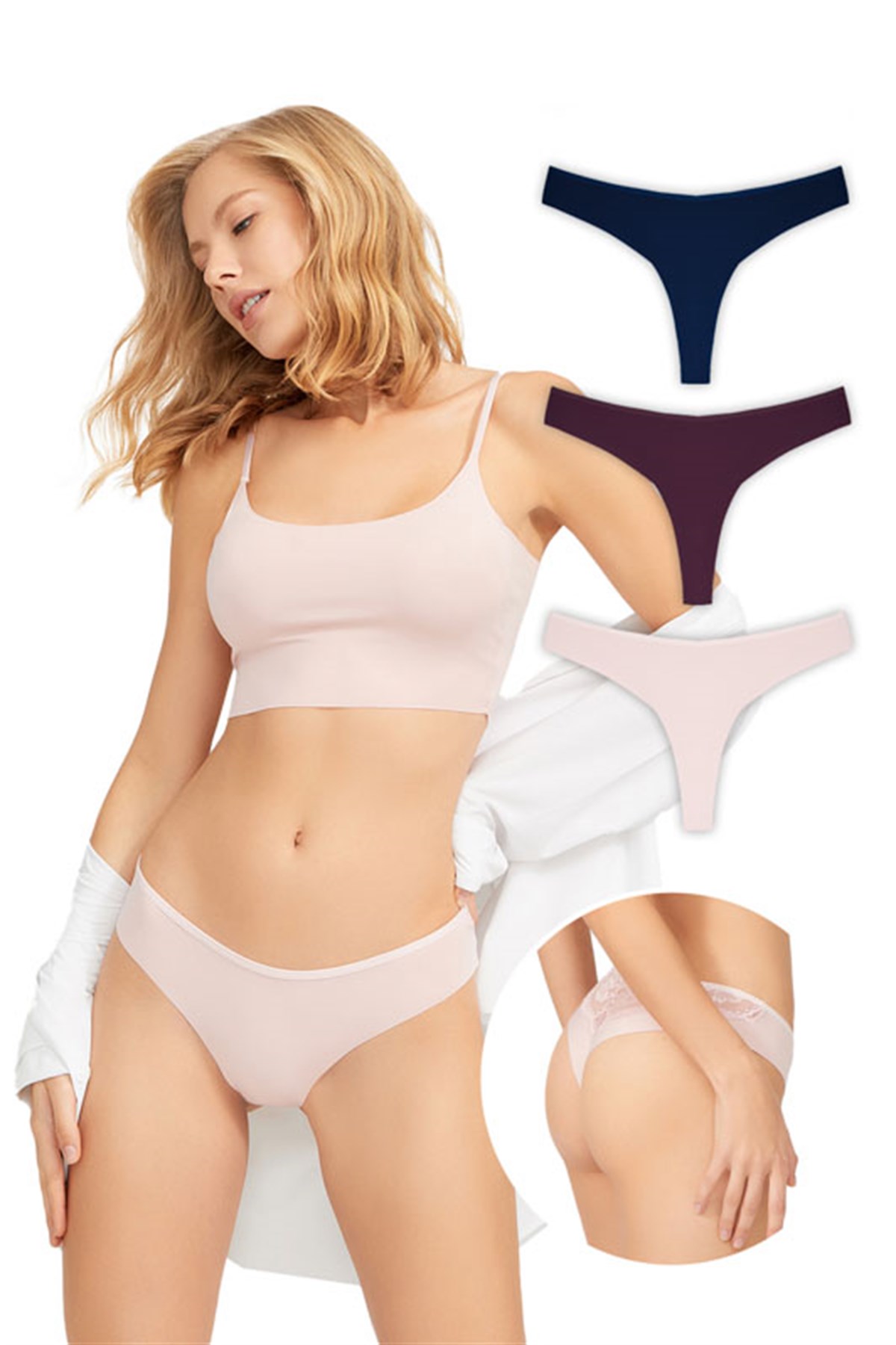 Lazer Kesim Dantel Detaylı Kadın Brezilya 3lü Paket Külot