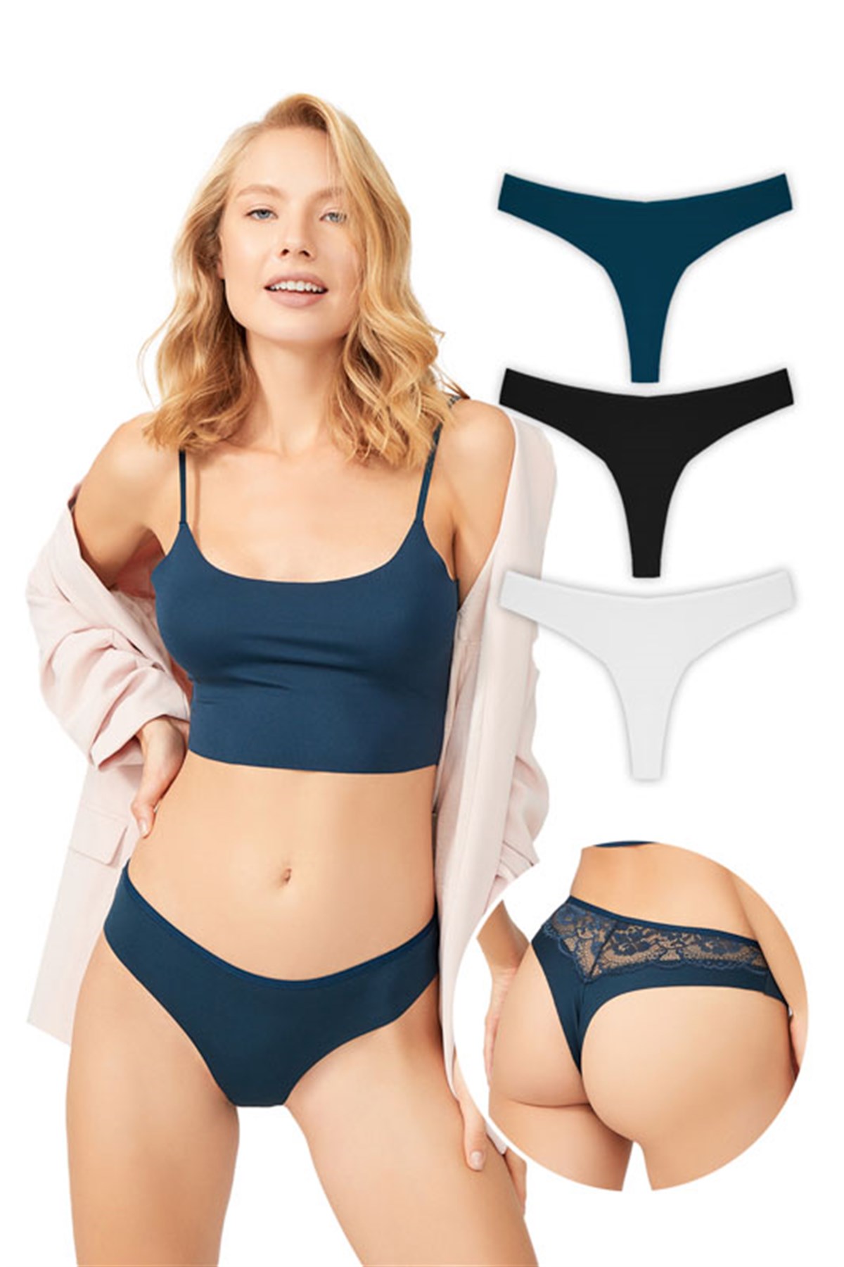 Lazer Kesim Dantel Detaylı Kadın Brezilya 3lü Paket Külot - 3