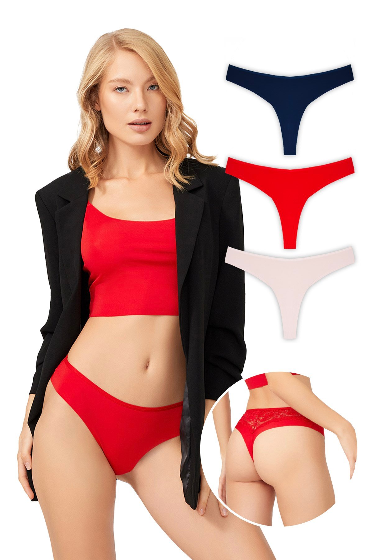 Lazer Kesim Dantel Detaylı Kadın Brezilya 3lü Paket Külot - 4