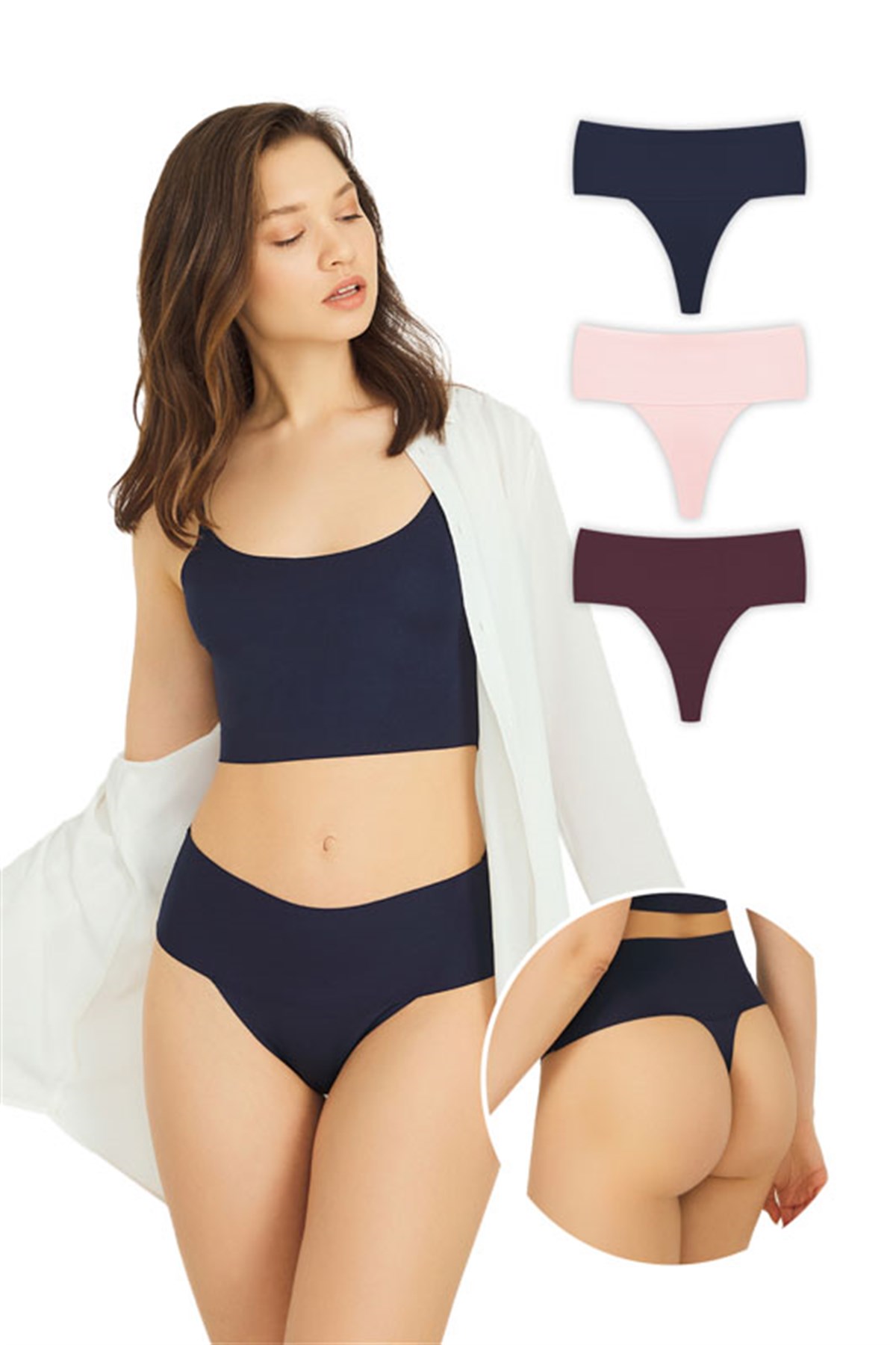 Lazer Kesim Esnek İz Yapmayan Yüksek Bel Tanga 3lü Paket Külot - 2