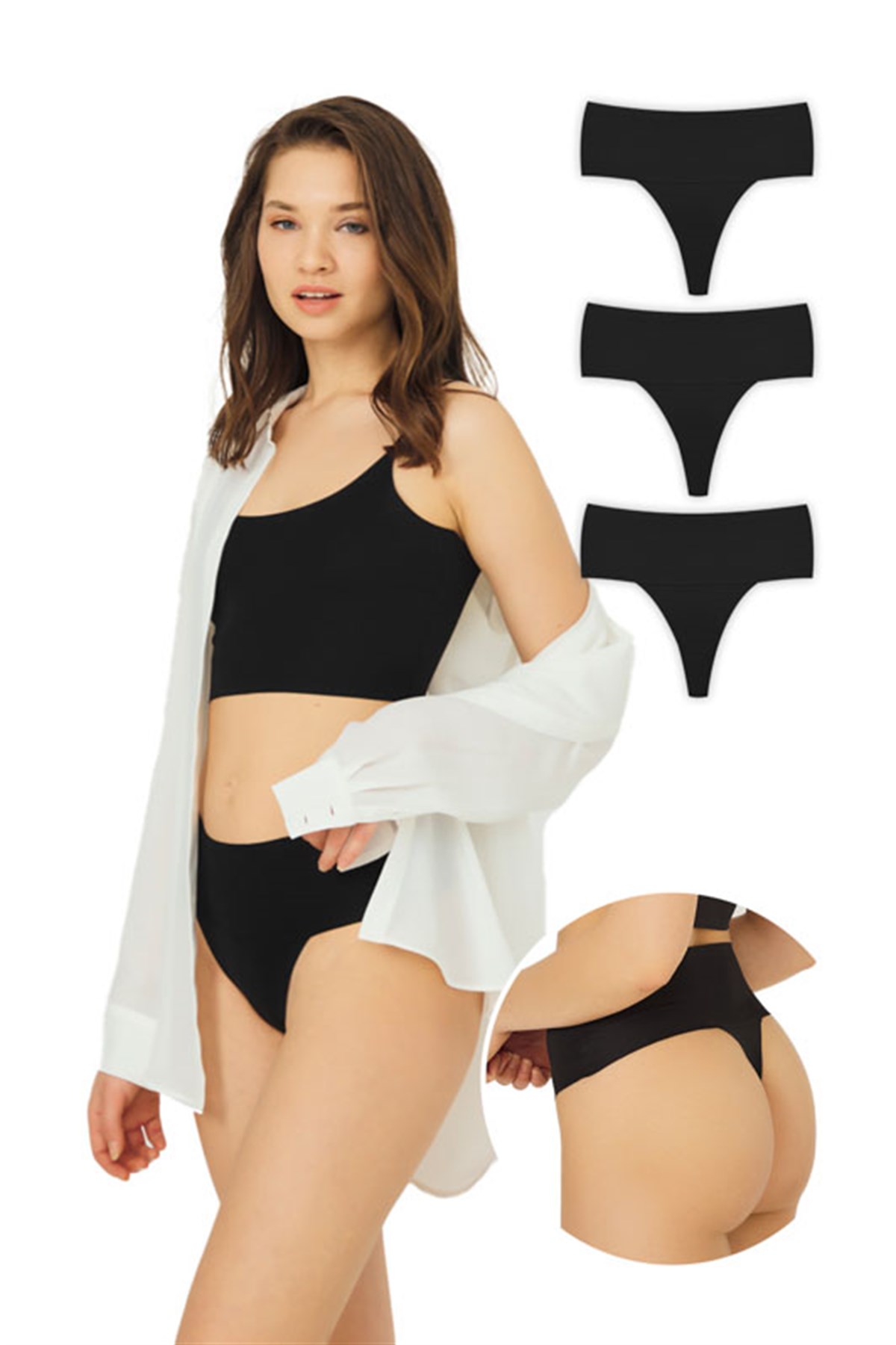Lazer Kesim Esnek İz Yapmayan Yüksek Bel Tanga 3lü Paket Külot - 3