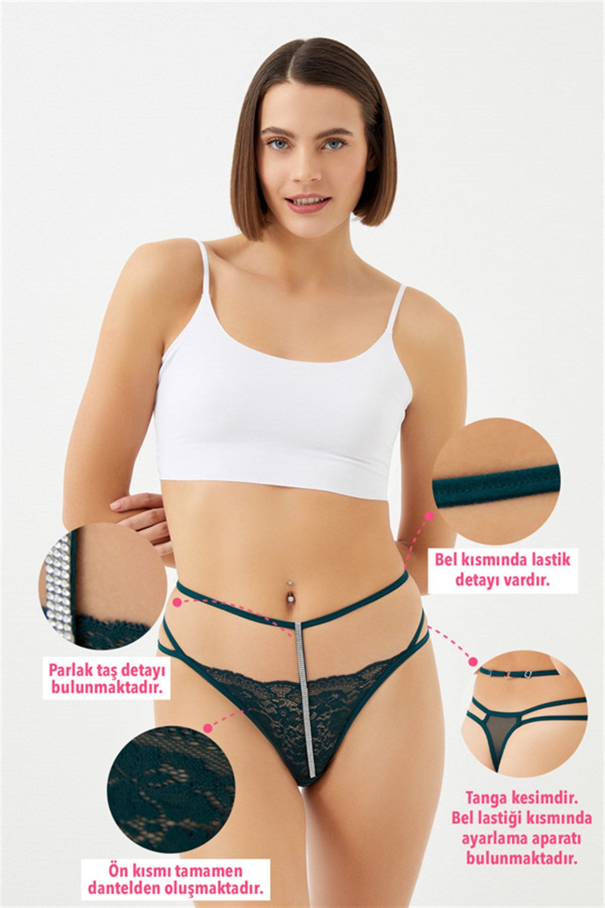 Petrol Yeşili Dantelli Taş Detaylı Ayarlanabilir Lastikli Kadın Tanga Külot