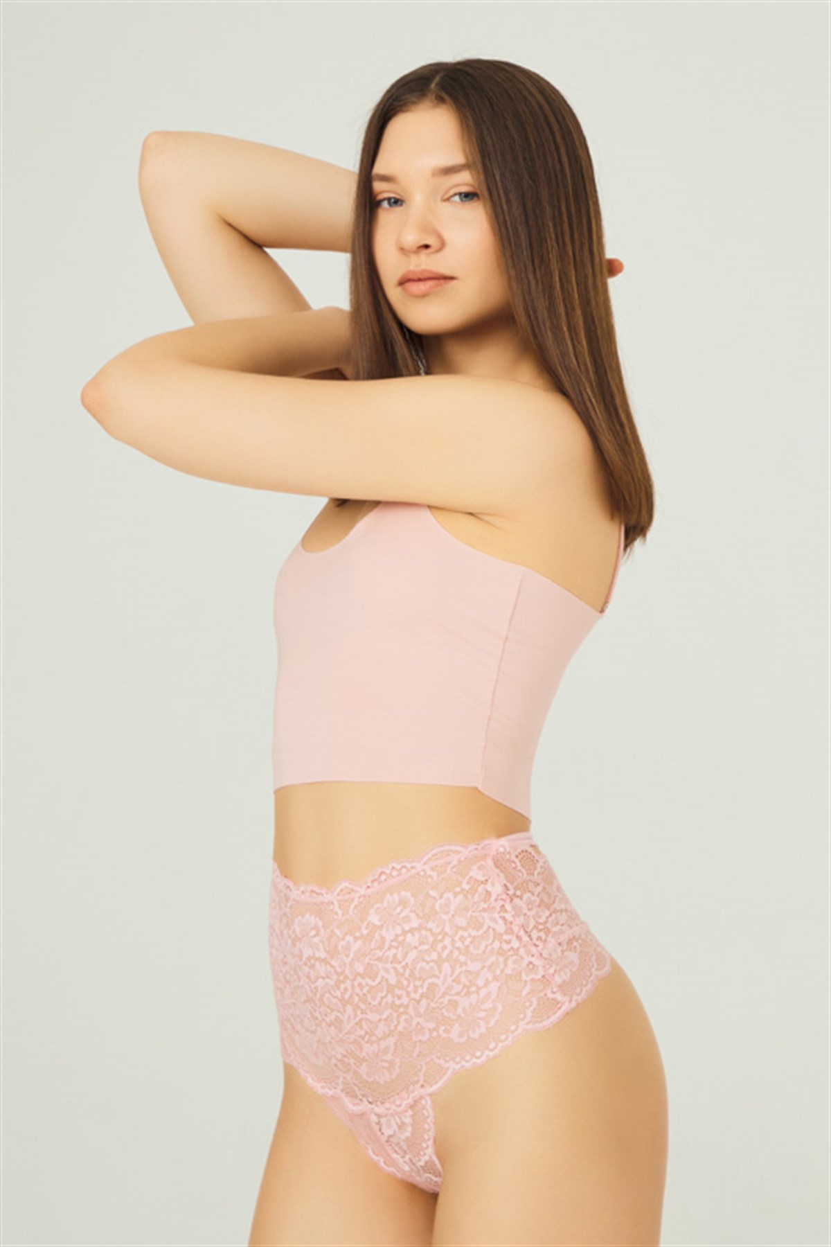 Pudra Dantelli Lastik Detaylı Yüksek Bel Kadın Tanga Külot