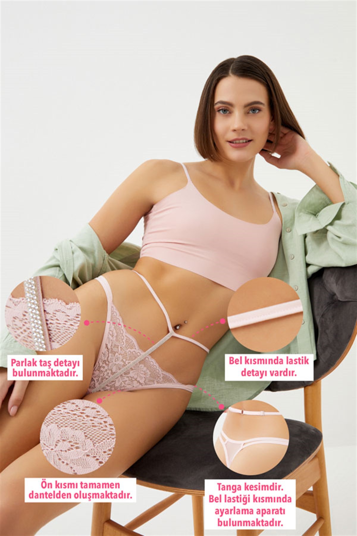 Pudra Dantelli Taş Detaylı Ayarlanabilir Lastikli Kadın Tanga Külot