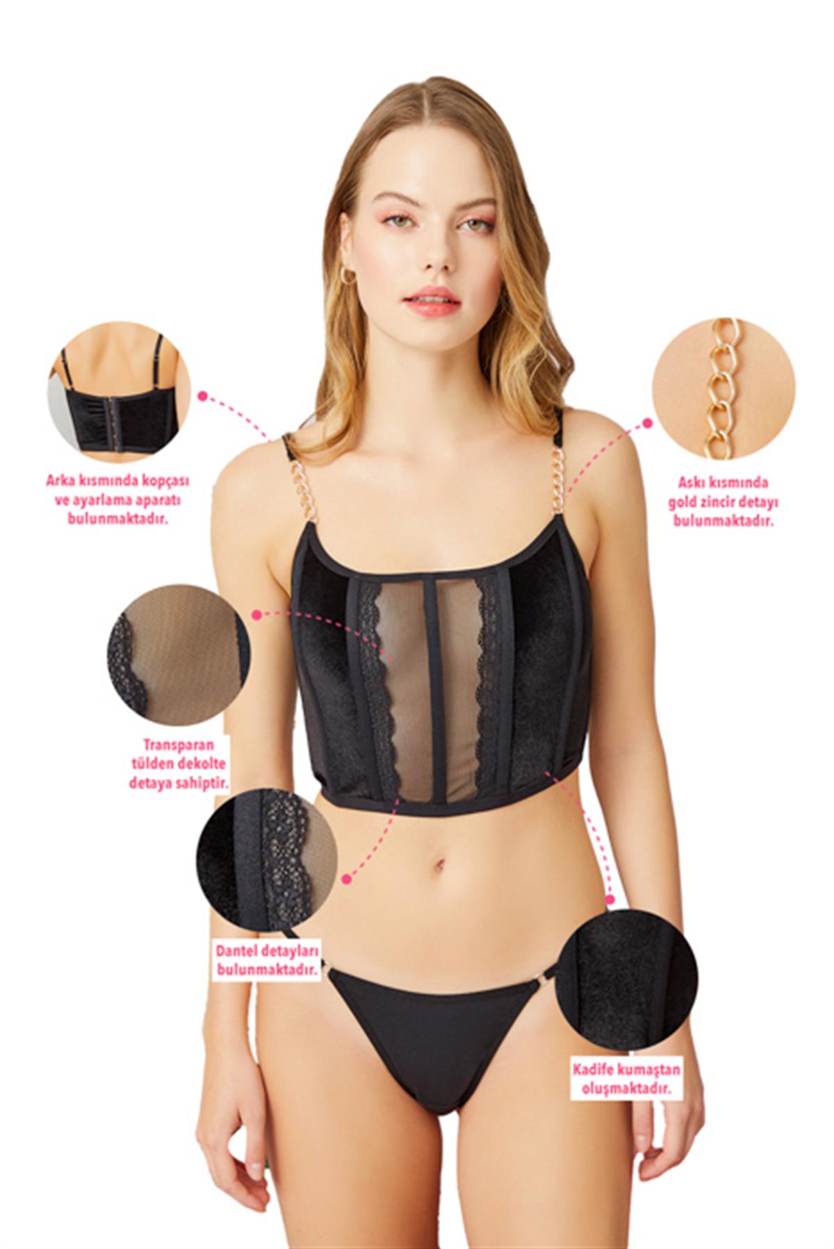 Siyah Ayarlanabilir Lastikli Tül Detaylı Kadın Kadife Bralet