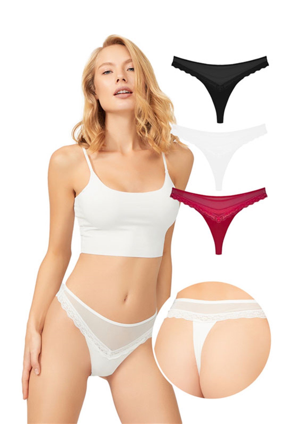 Tül ve Dantel Detaylı Kadın Tanga 3lü Paket Külot - 2