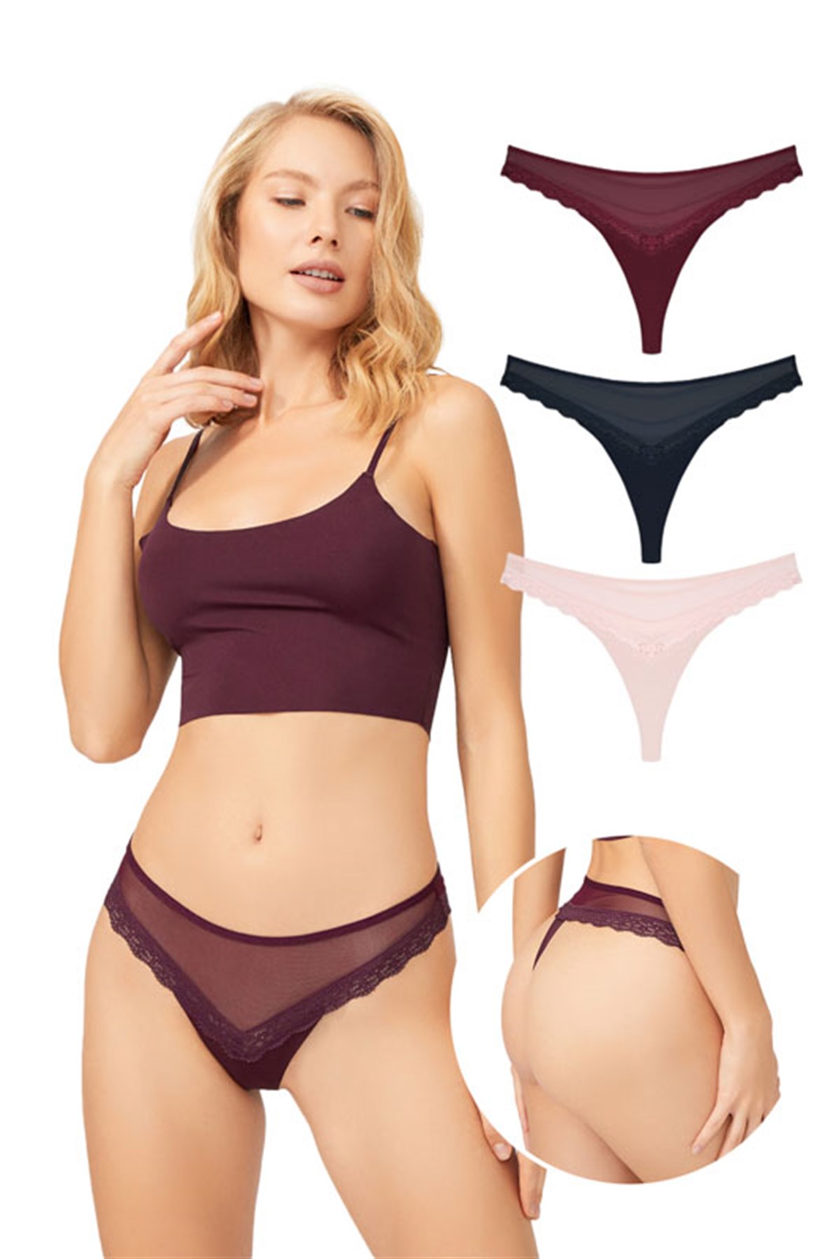 Tül ve Dantel Detaylı Kadın Tanga 3lü Paket Külot