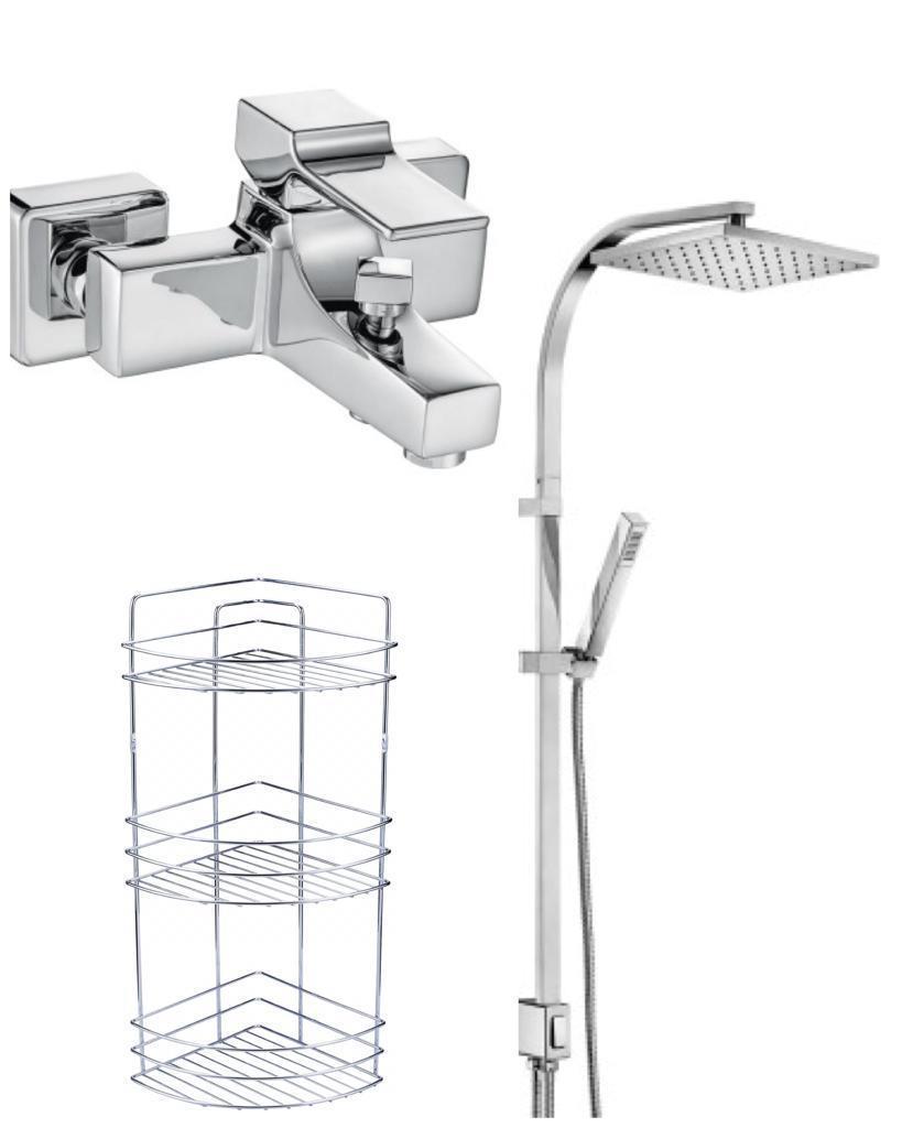 ECA Caro Banyo Bataryası+Tiera Kolonlu Tepe Duş Takım+3'lü Rafı (424+012+Metal Süngerlik) 3'lü Set 