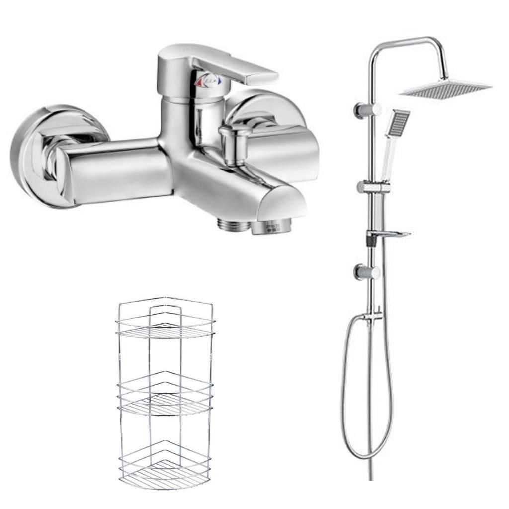 ECA Delta Banyo Bataryası+TEMA Rain Quadro Tepe Duş Set+3'lü Raf  (346+53240+Süngerlik) 3'lü Set