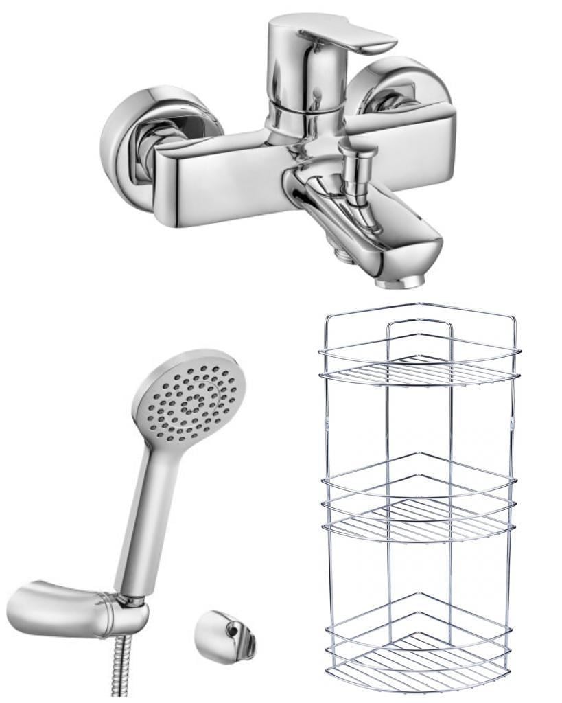ECA Luna Banyo Bataryası+Luna Mafsallı Duş Takımı+3'lü Köşe Raf  (450+341+Metal Şampuanlık) 3'lü Set