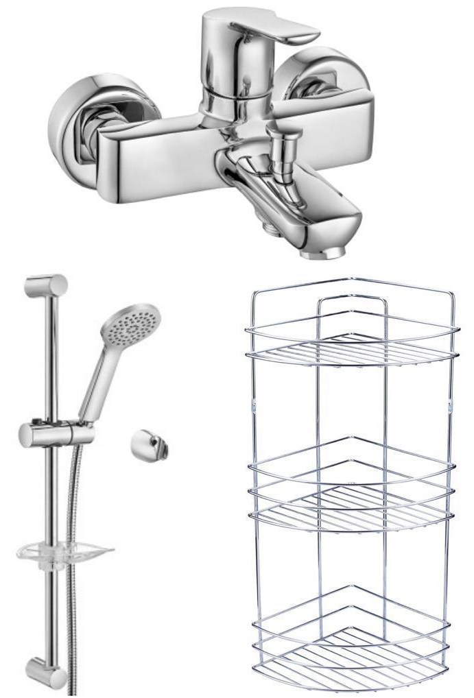 ECA Luna Banyo Bataryası+Luna Sürgülü Duş Takımı+3'lü Köşe Raf  (450+028+Metal Şampuanlık) 3'lü Set 