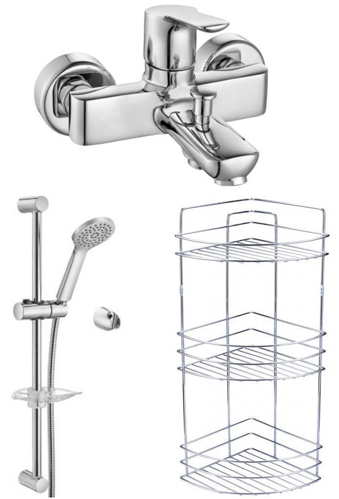 ECA Luna Banyo Bataryası+Luna Sürgülü Duş Takımı+3'lü Köşe Raf  (450+028+Metal Şampuanlık) 3'lü Set 