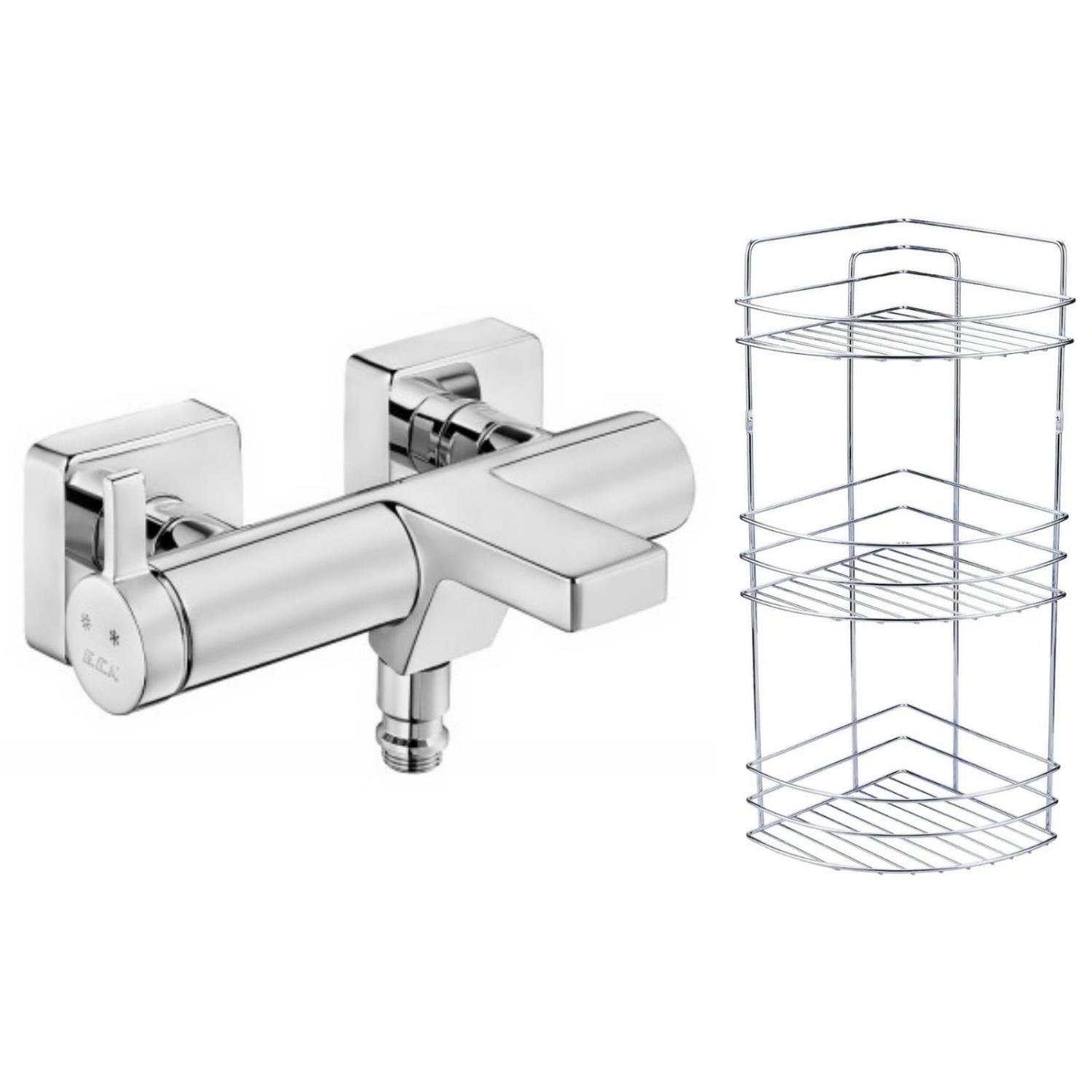 ECA Purity Banyo Bataryası 477H+Metal Tel Süngerlik 3'lü Köşe Raf   Krom Şampuanlık 2'li Set