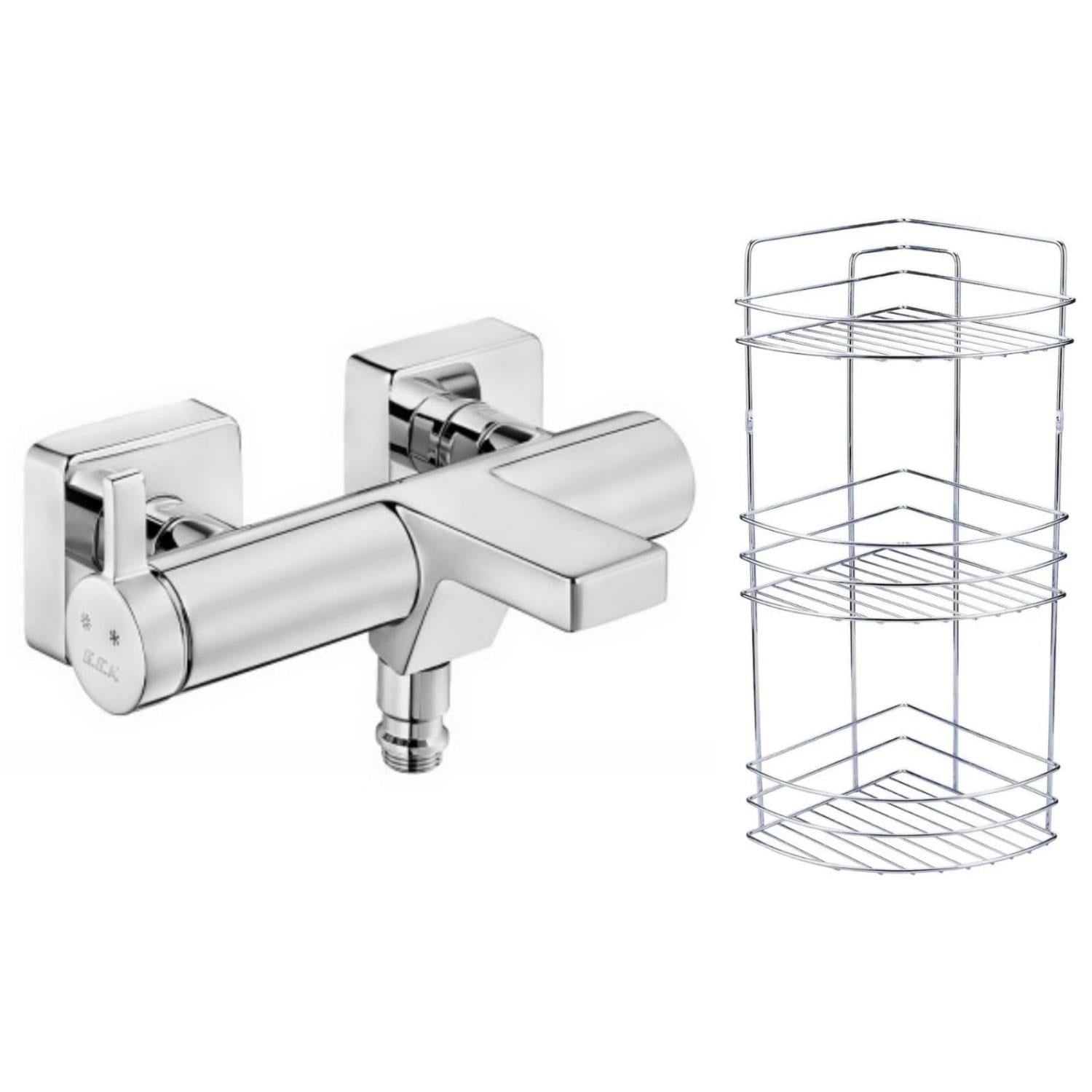 ECA Purity Banyo Bataryası 477H+Metal Tel Süngerlik 3'lü Köşe Raf   Krom Şampuanlık 2'li Set