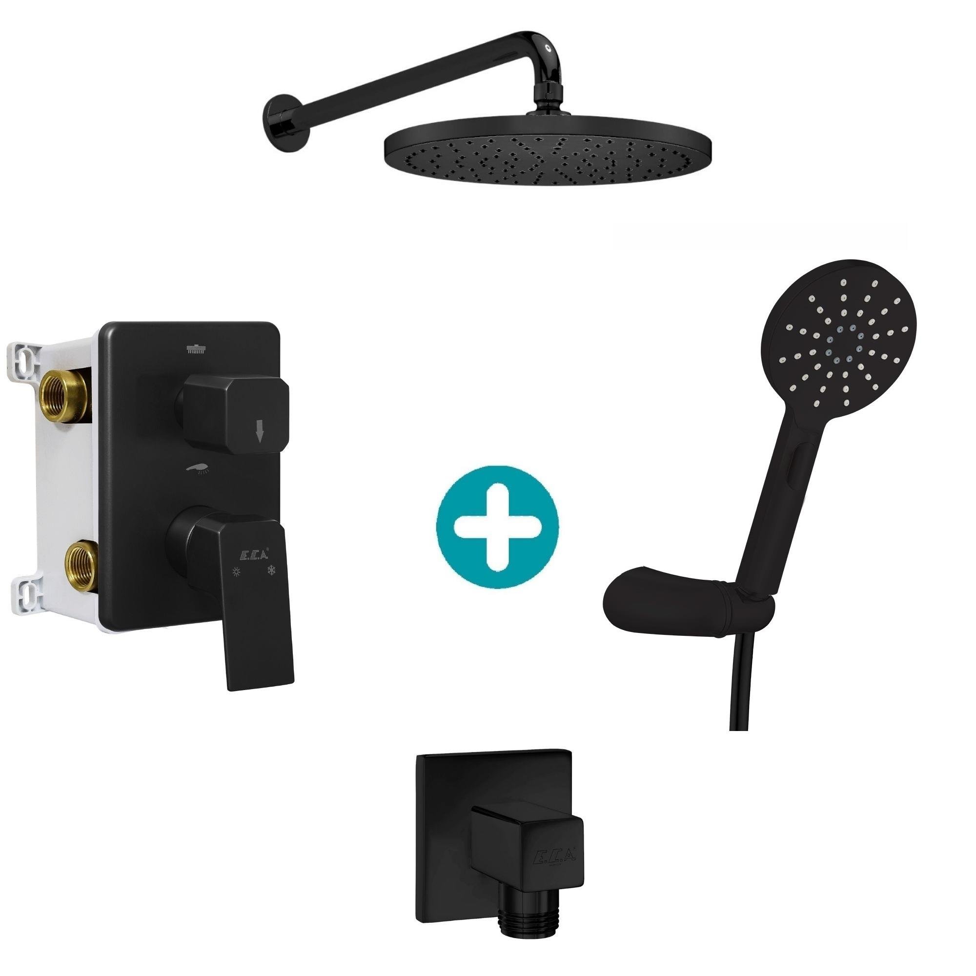 ECA Royal Ankastre 2 Yollu Gömme Banyo Bataryası Mat Siyah Duş Seti Tüm Parçalar Dahil