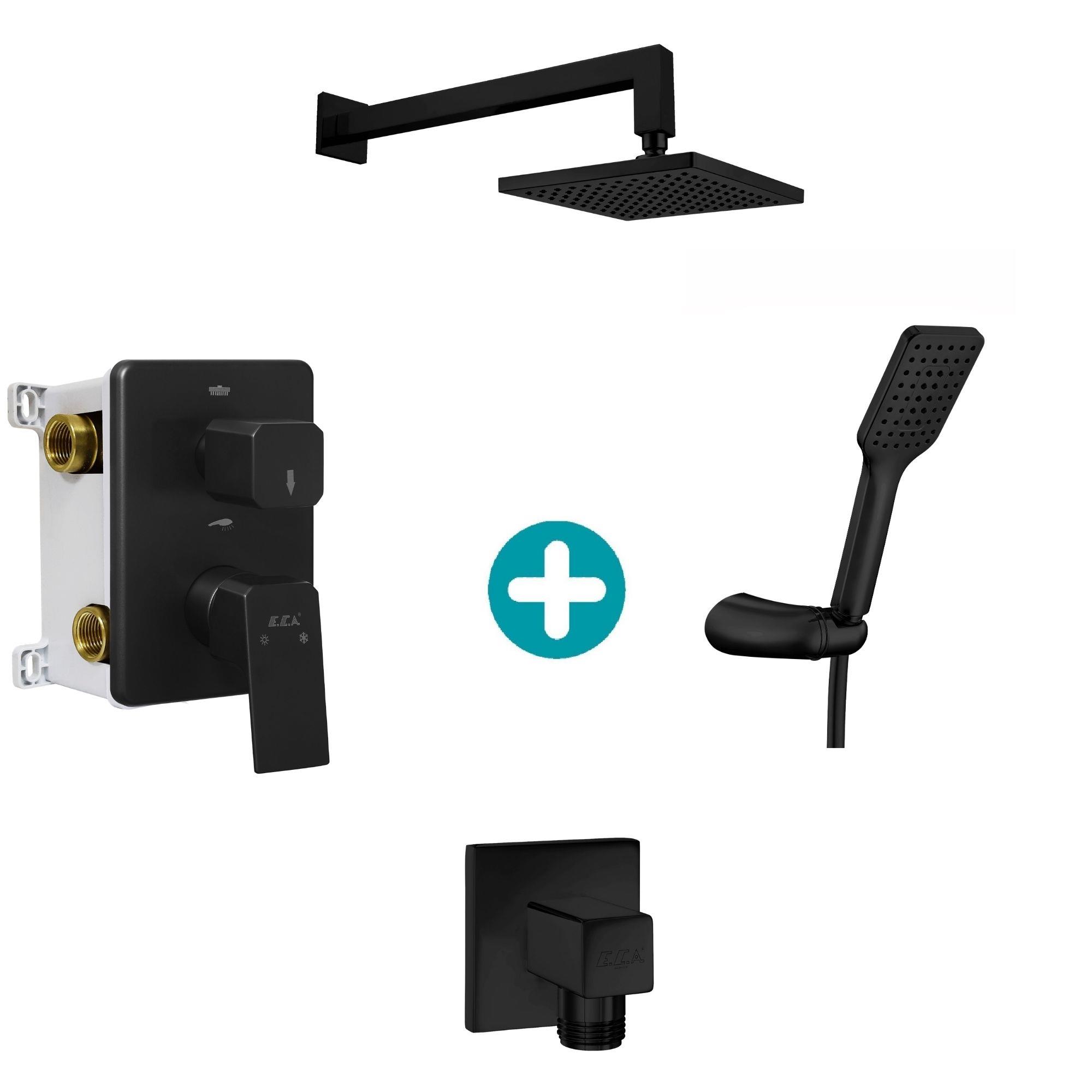 ECA Tiera Ankastre 2 Yollu Gömme Banyo Bataryası Mat Siyah Duş Seti Tüm Parçalar Dahil