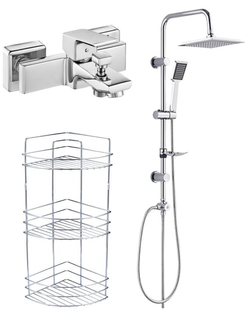 ECA Tiera Banyo Bataryası+TEMA Rain Quadro Tepe Duş Takım+3'lü Raf  (469+53240+Süngerlik) 3'lü Set