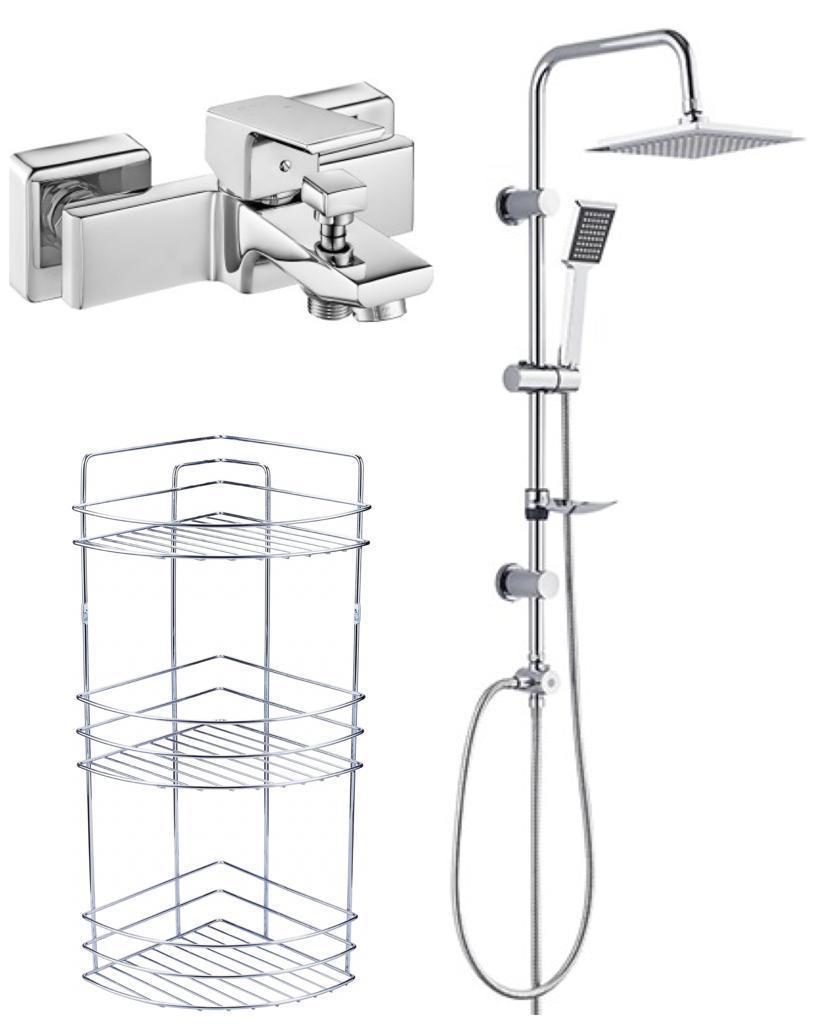 ECA Tiera Banyo Bataryası+TEMA Rain Quadro Tepe Duş Takım+3'lü Raf  (469+53240+Süngerlik) 3'lü Set
