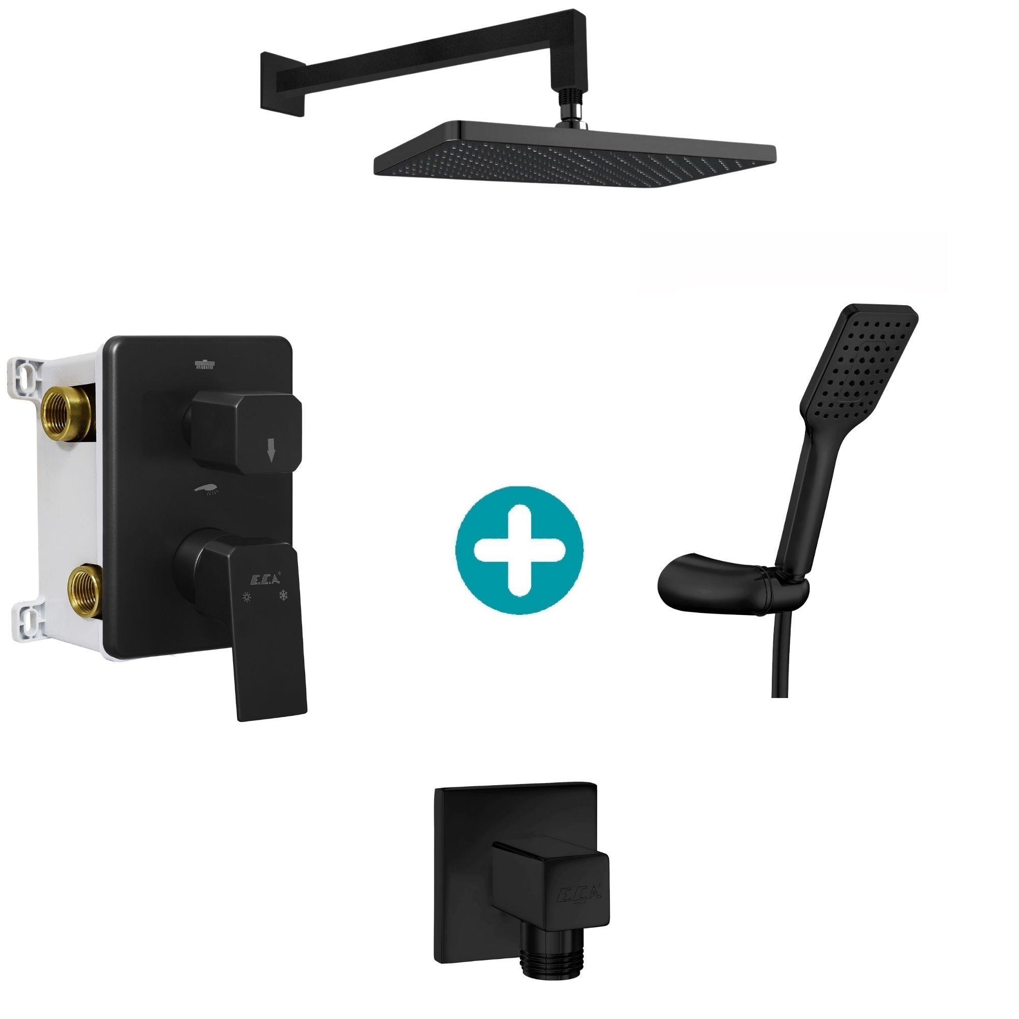 ECA Tiera Plus Ankastre 2 Yollu Gömme Banyo Bataryası Mat Siyah Duş Seti Tüm Parçalar Dahil