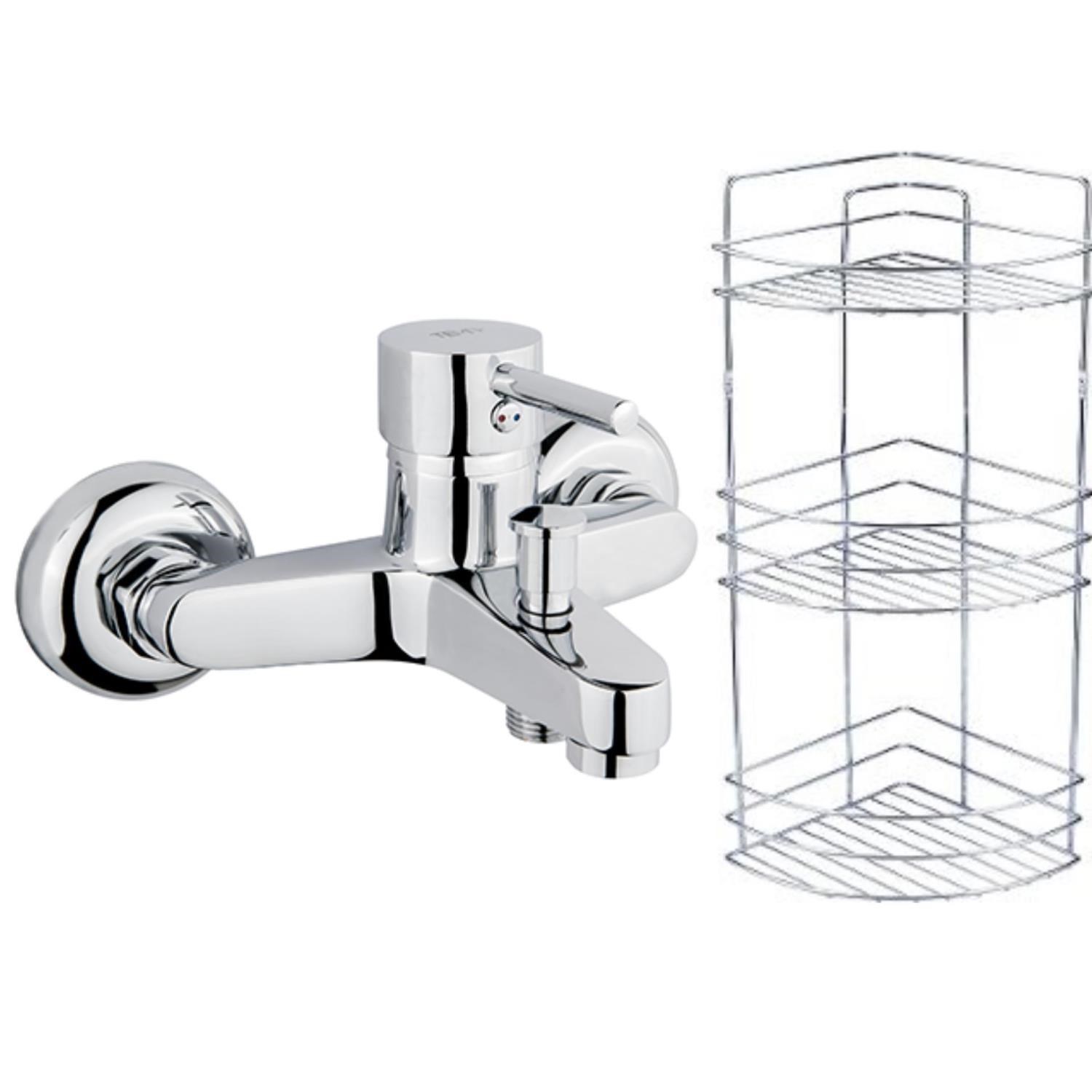 TEMA Tulip Banyo Bataryası 61091+Metal Süngerlik 3'lü Köşe Raf 2'li Set