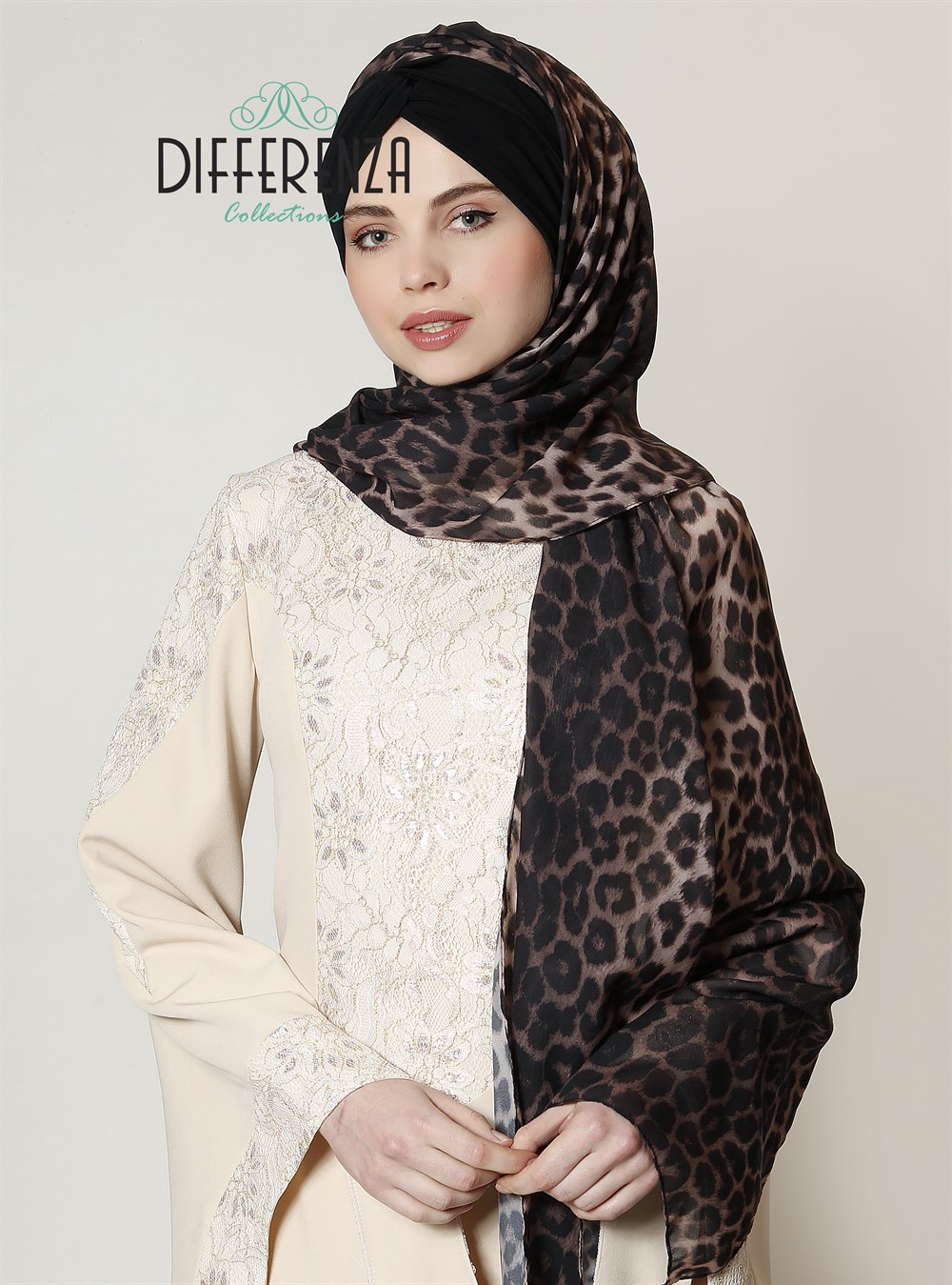 Düğüm Şifon Leopar Şal -Siyah 