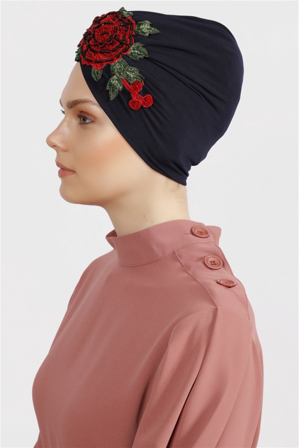 İşlemeli Red Rose -Lacivert