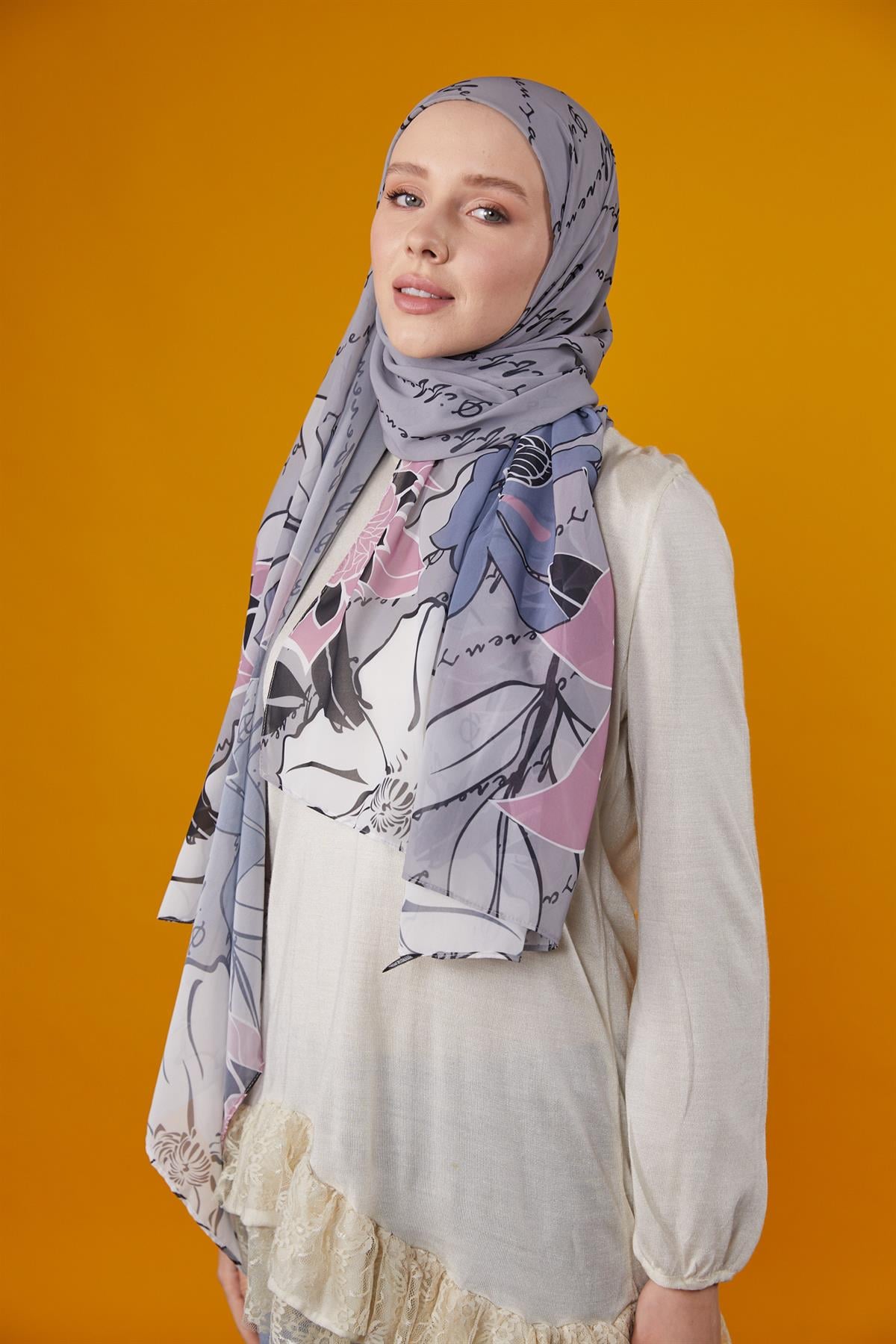 Lotus Desenli Şal Gri