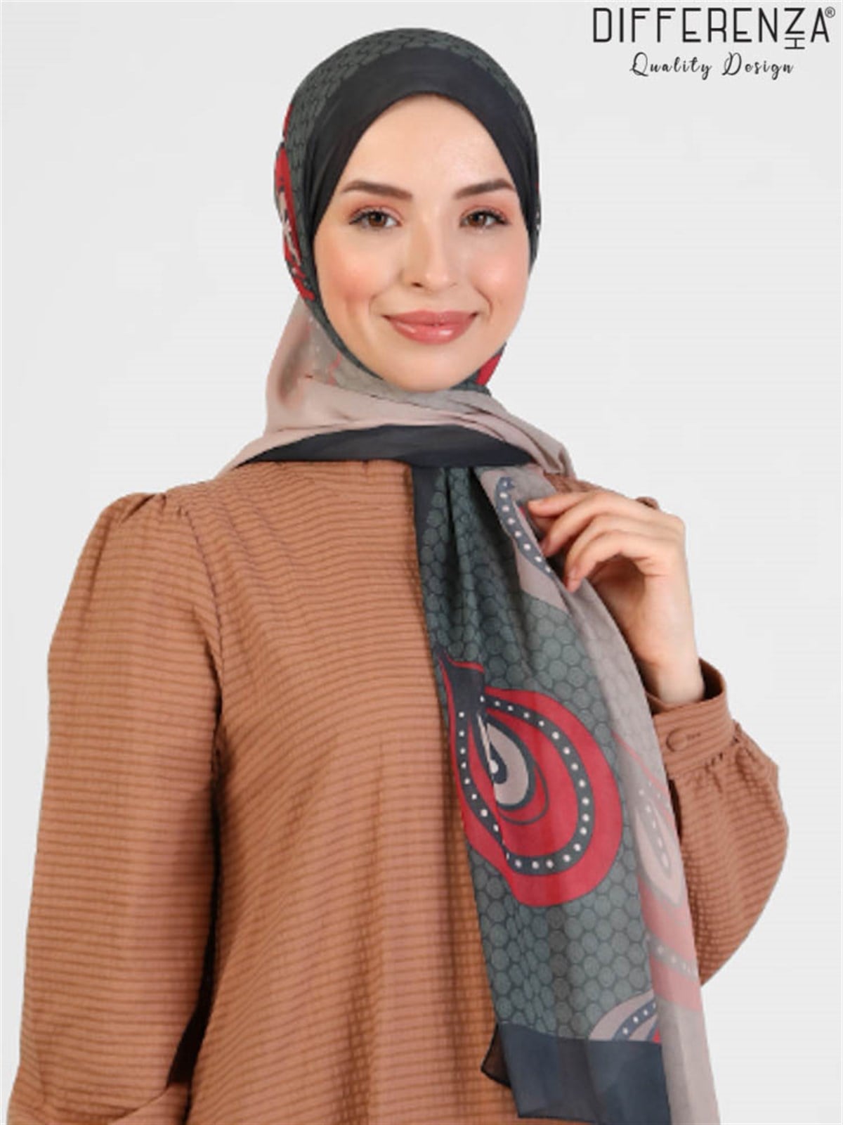 Retro Desenli Şal-Haki