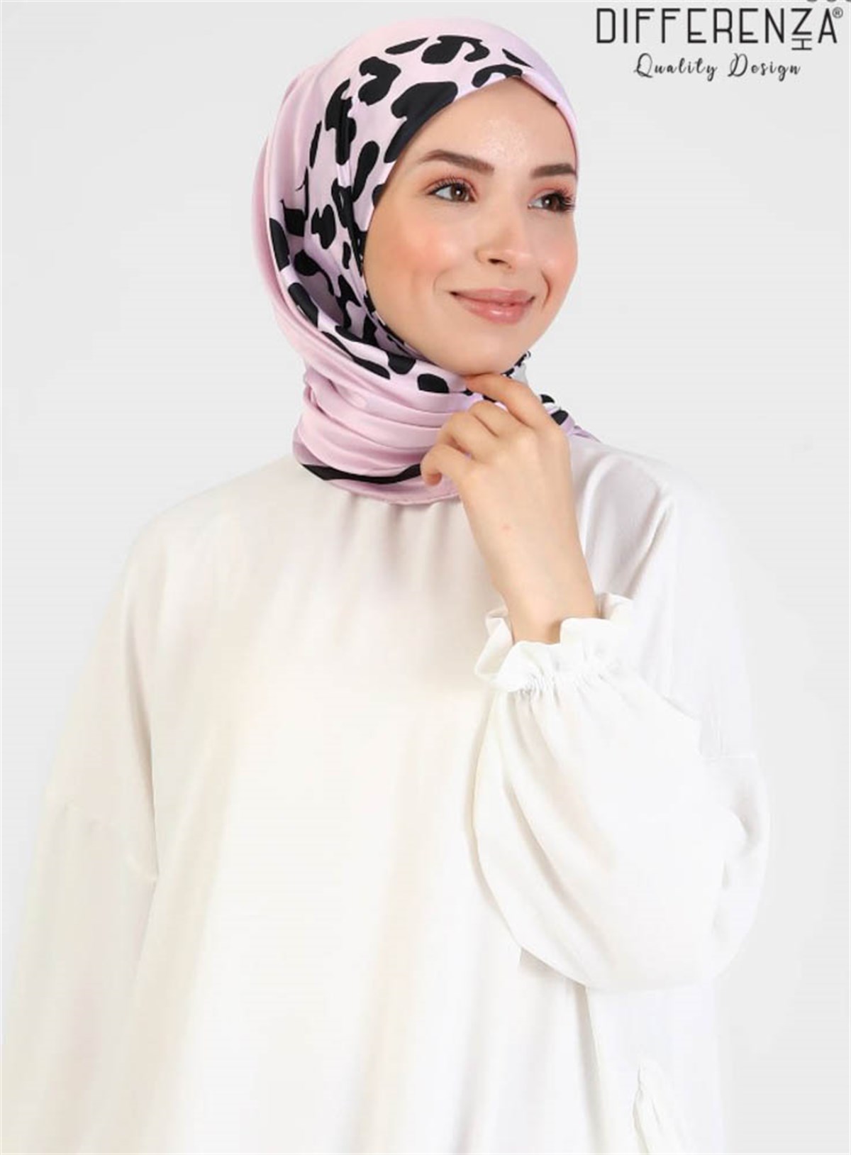 Şerit Leopar Desenli Eşarp-Pudra