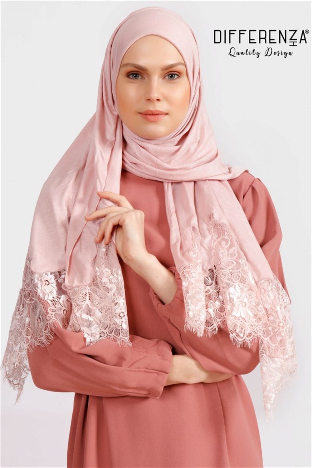 Zeferan Dantelli Şal-Pudra