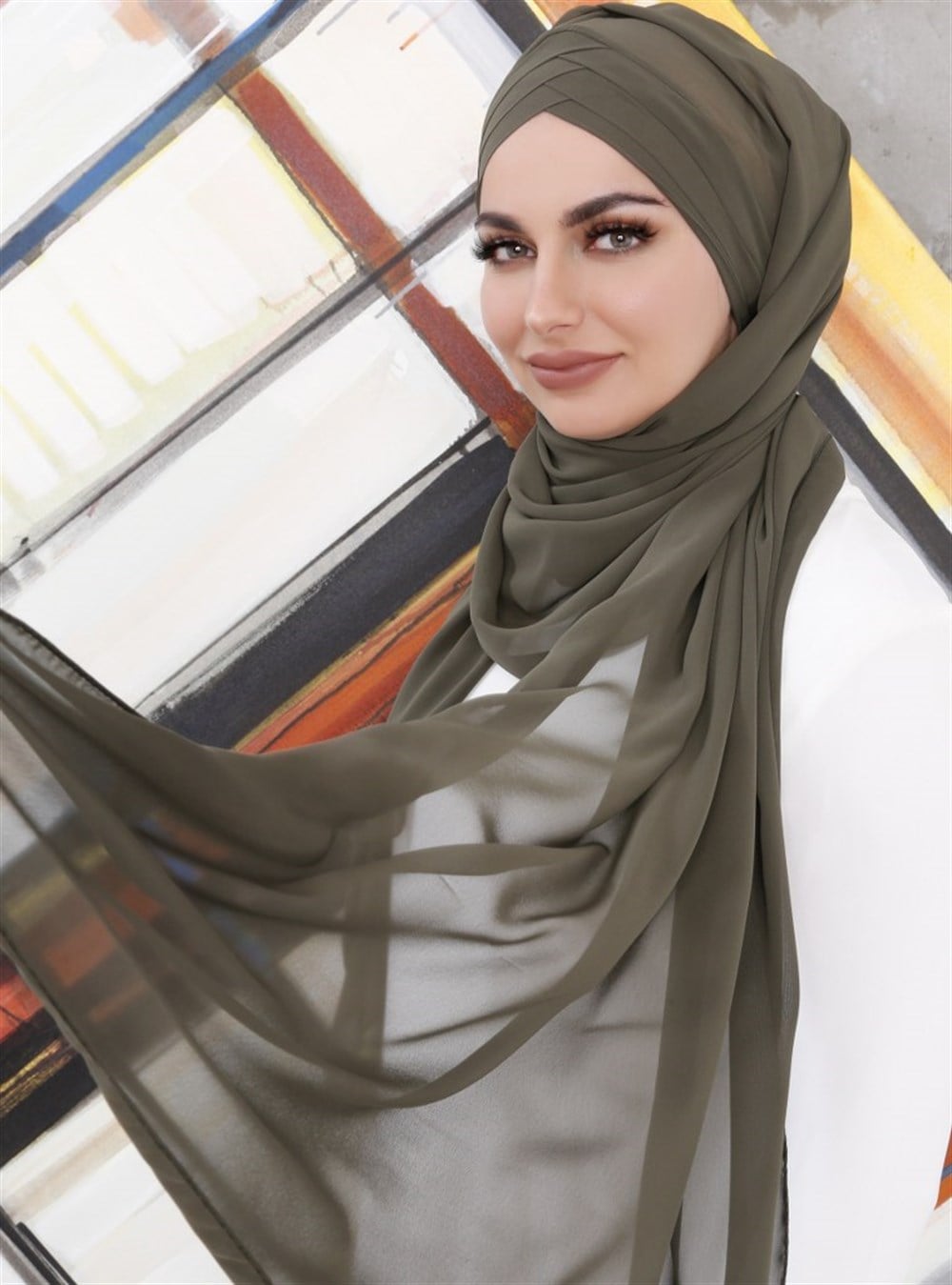 3 Bant Şifon Şal-Haki