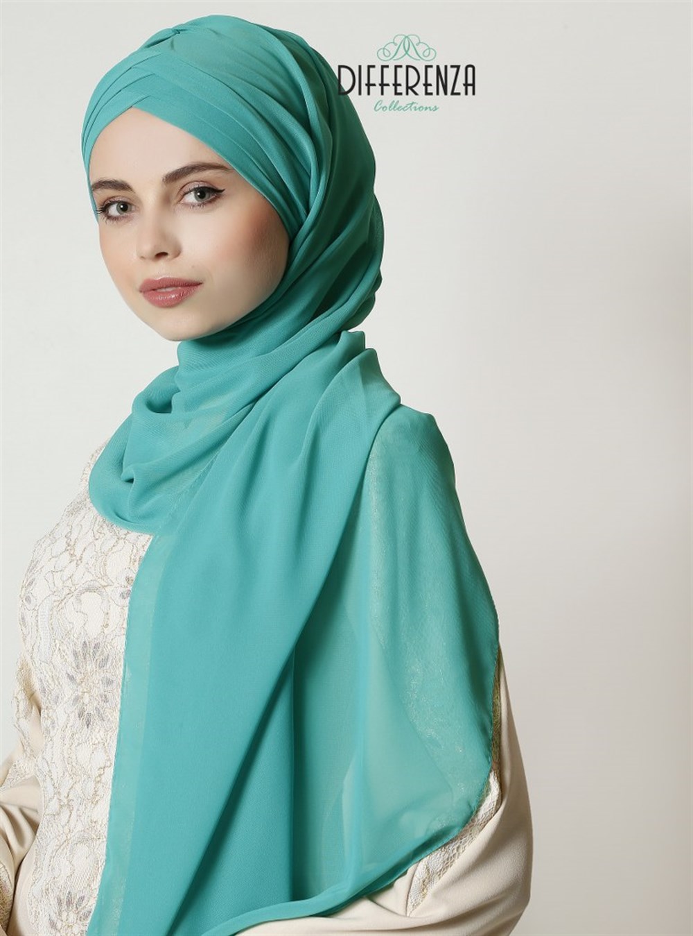 3 Bant Şifon Şal-Yeşil