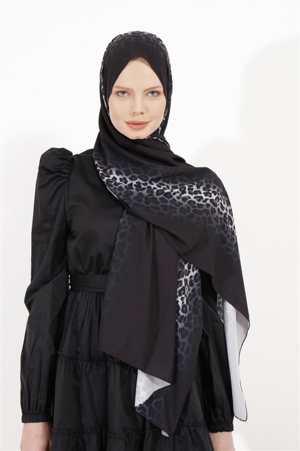 Degrade Leopar Şal - Siyah Gri