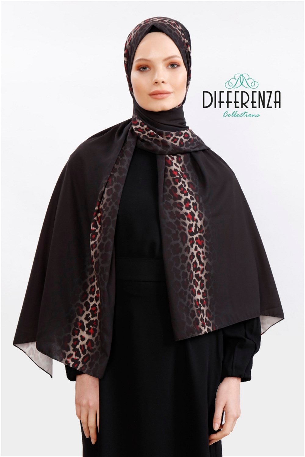 Degrade Leopar Şal - Siyah Kırmızı