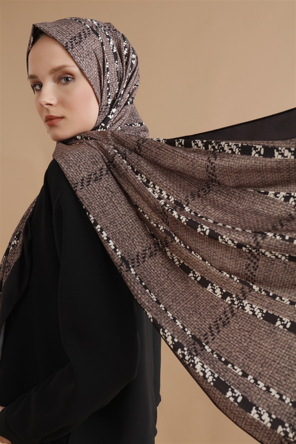 Dokulu Şerit Şal - Vizon