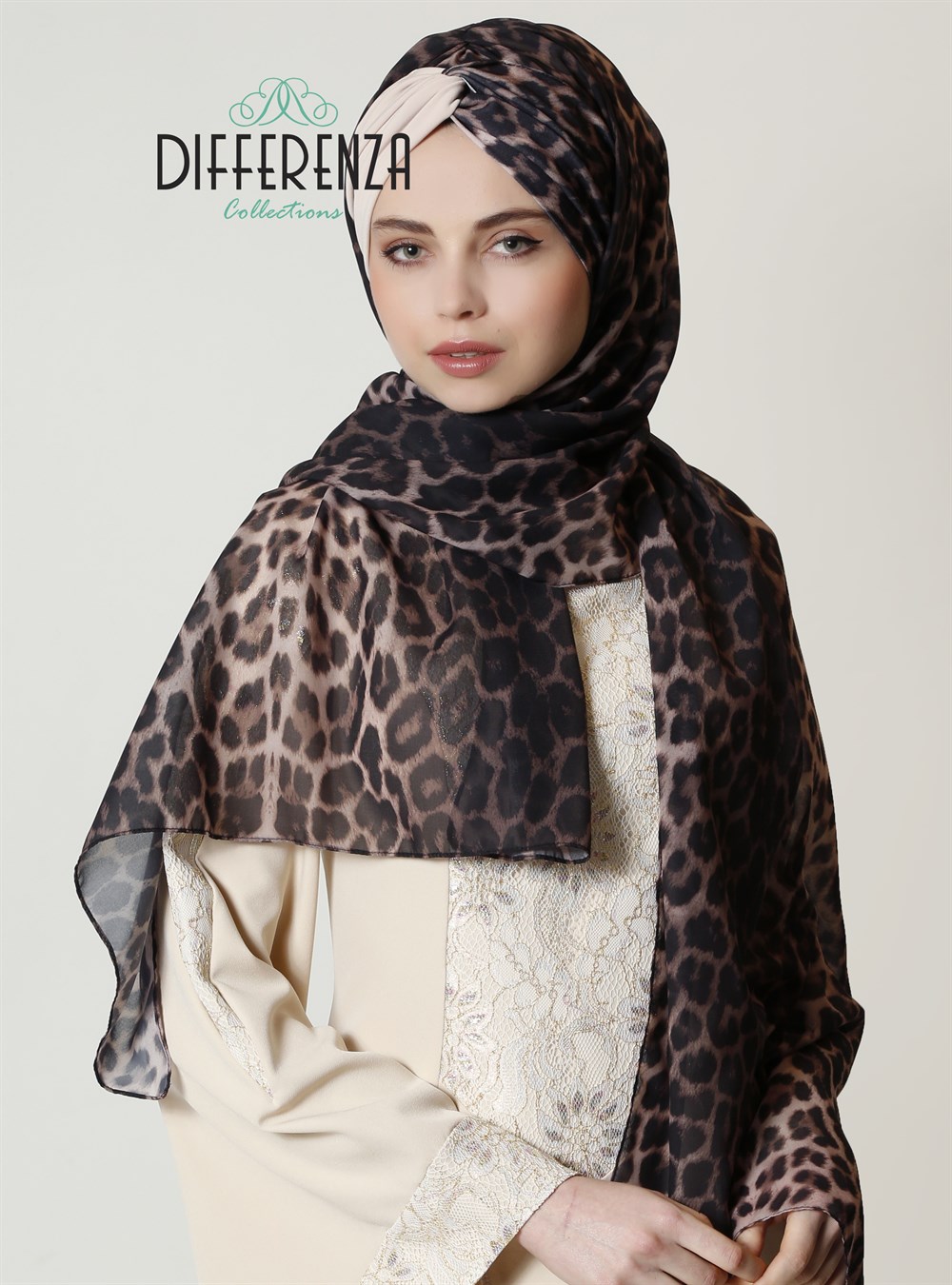 Düğüm Şifon Leopar Şal -Bej Tektaraf 