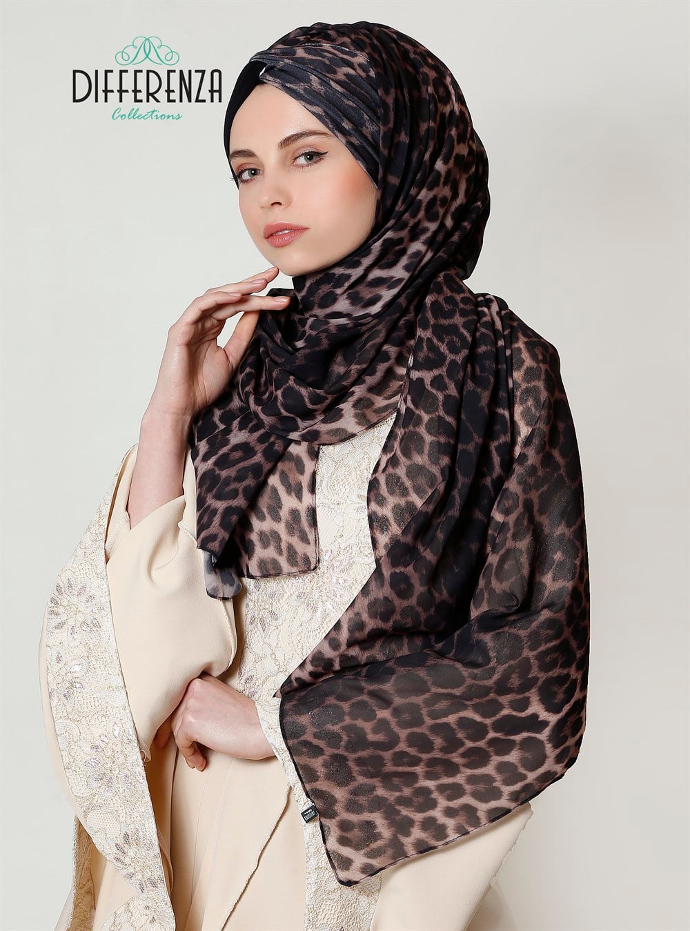Düğüm Şifon Leopar Şal -Siyah Tektaraf 