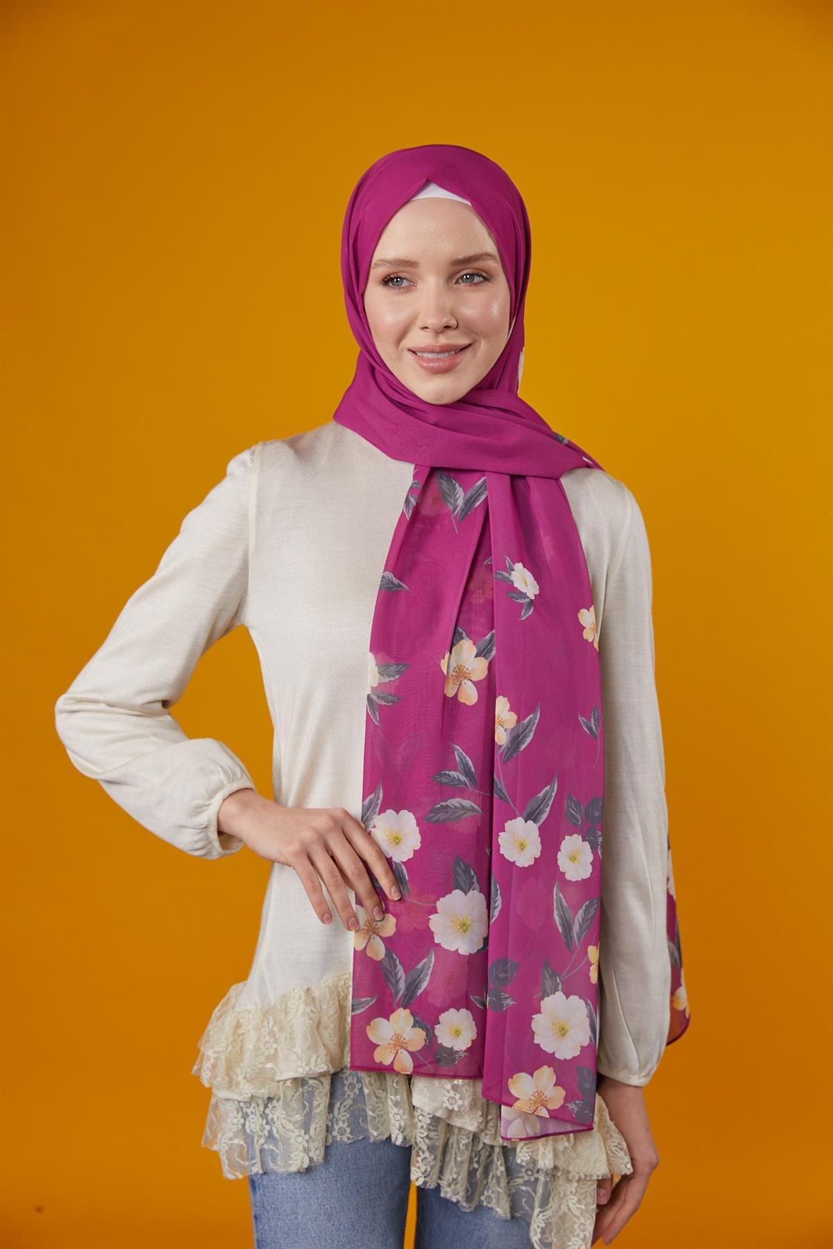 Flowers Desenli Şal Fuşya