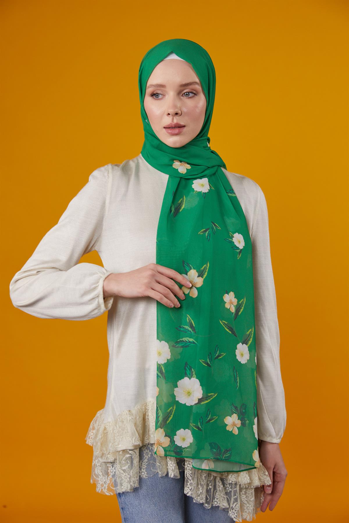 Flowers Desenli Şal Yeşil