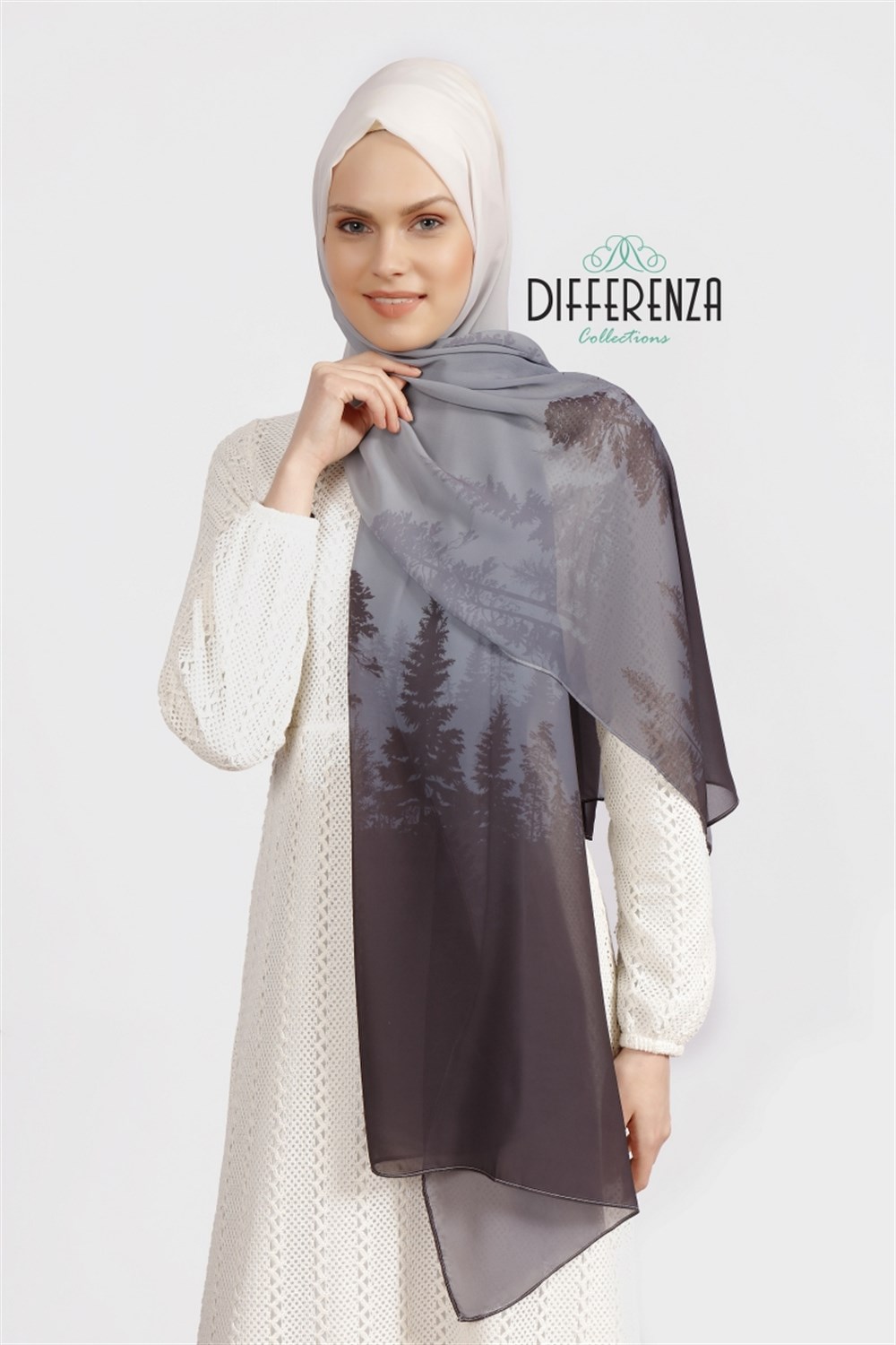 Natura Desenli Şal - Gri & Beyaz