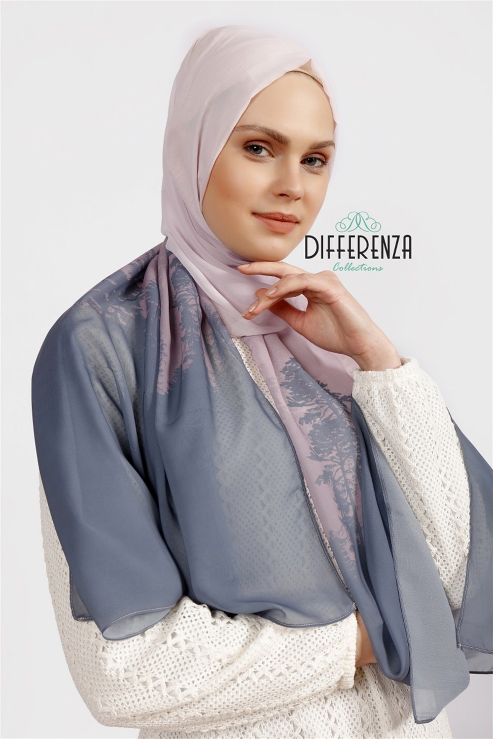 Natura Desenli Şal - Pudra & Gri