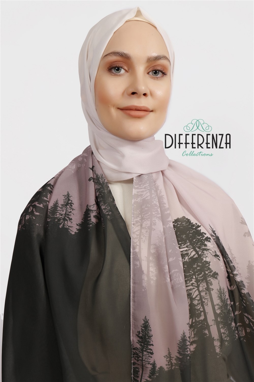 Natura Desenli Şal - Pudra & Haki