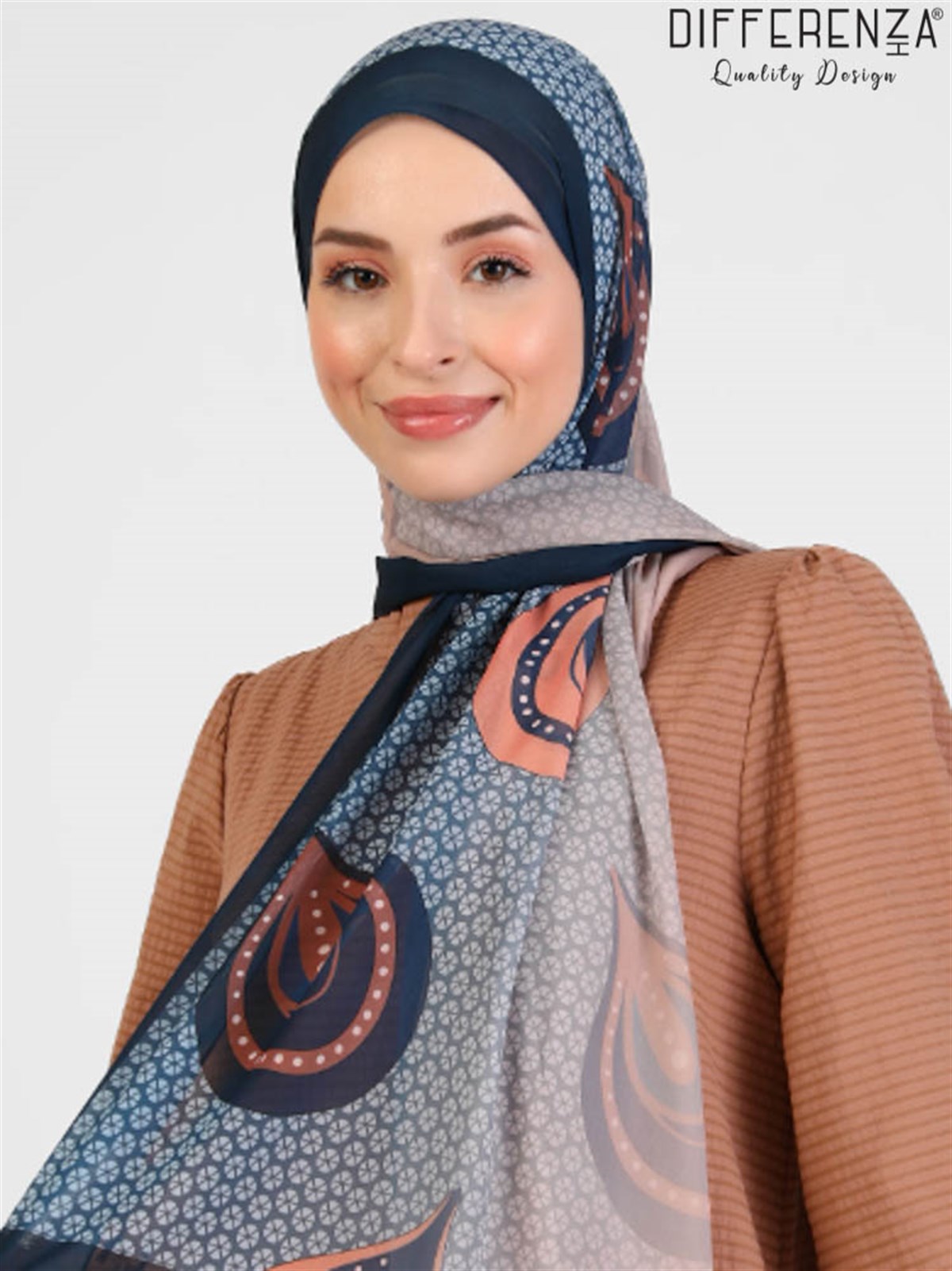 Retro Desenli Şal-Lacivert